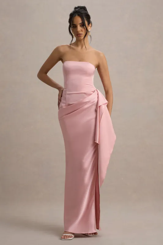 Loz | Light Pink Satin Bandeau Draped Maxi Dress sold by Club L London