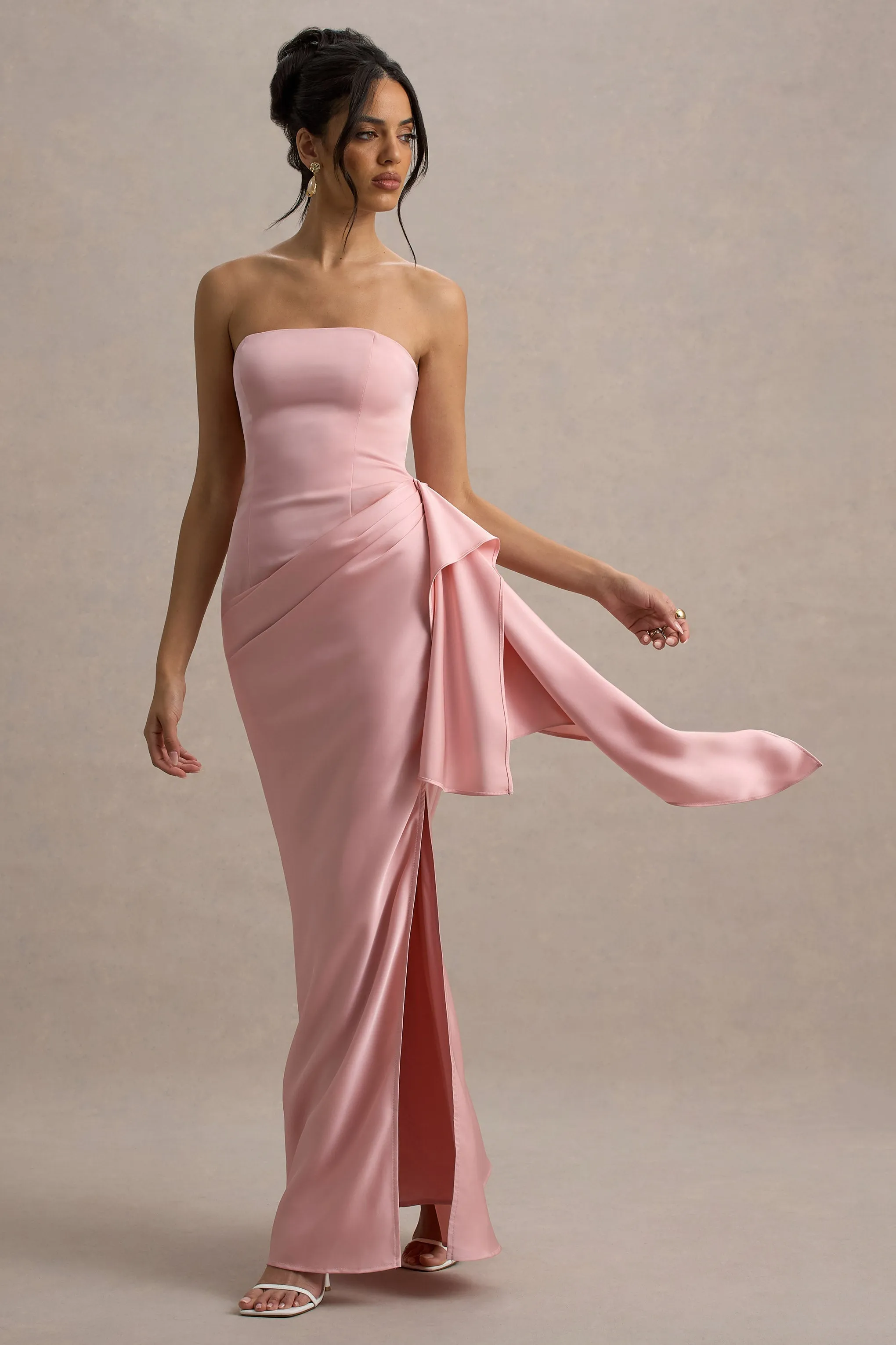 Loz | Light Pink Satin Bandeau Draped Maxi Dress sold by Club L London product image thumbnail 4