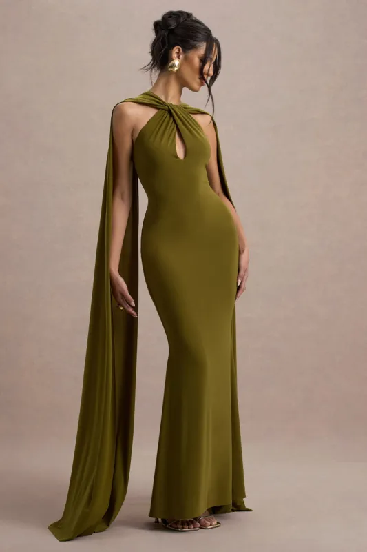 Rhoda | Green Twist Halter-Neck Cape Maxi Dress sold by Club L London