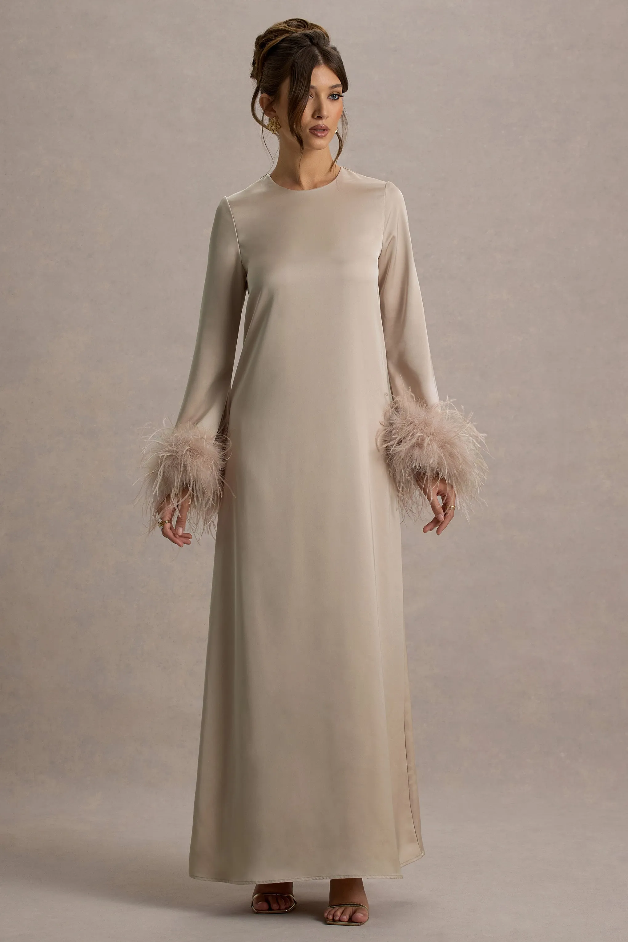 Adella | Champagne Satin Feather-Trim Maxi Dress sold by Club L London product image thumbnail 3