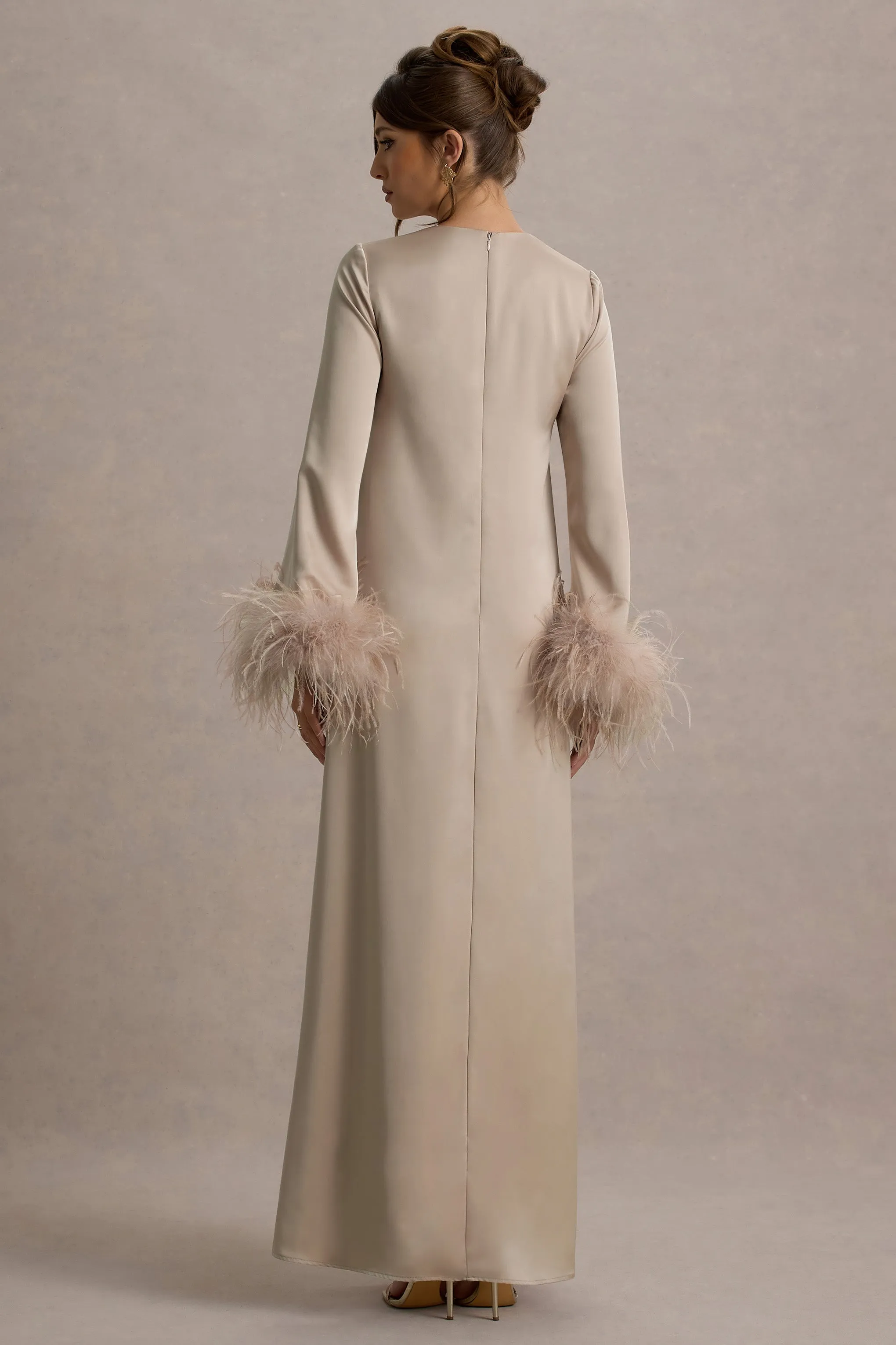 Adella | Champagne Satin Feather-Trim Maxi Dress sold by Club L London product image thumbnail 2