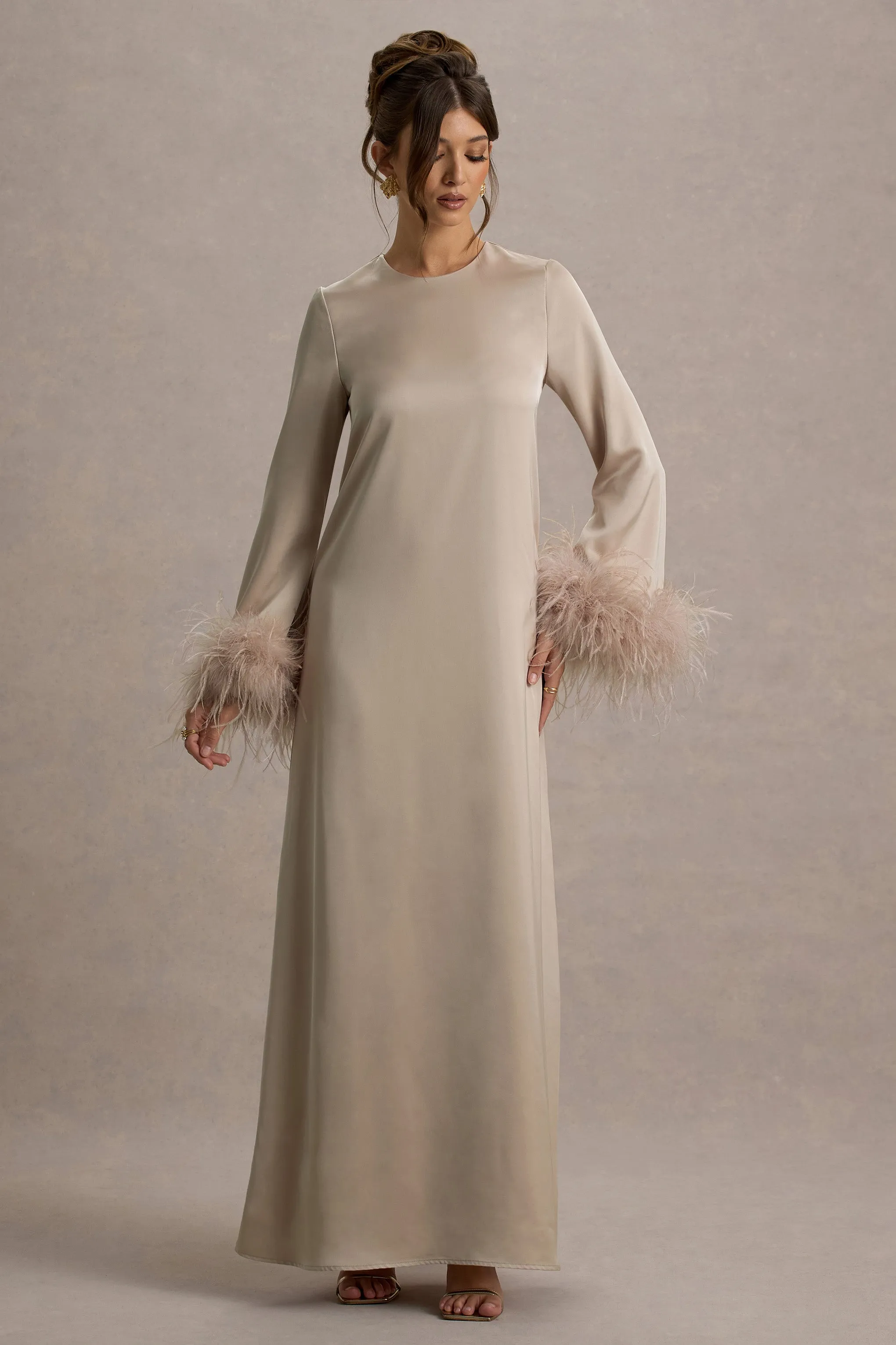 Adella | Champagne Satin Feather-Trim Maxi Dress sold by Club L London