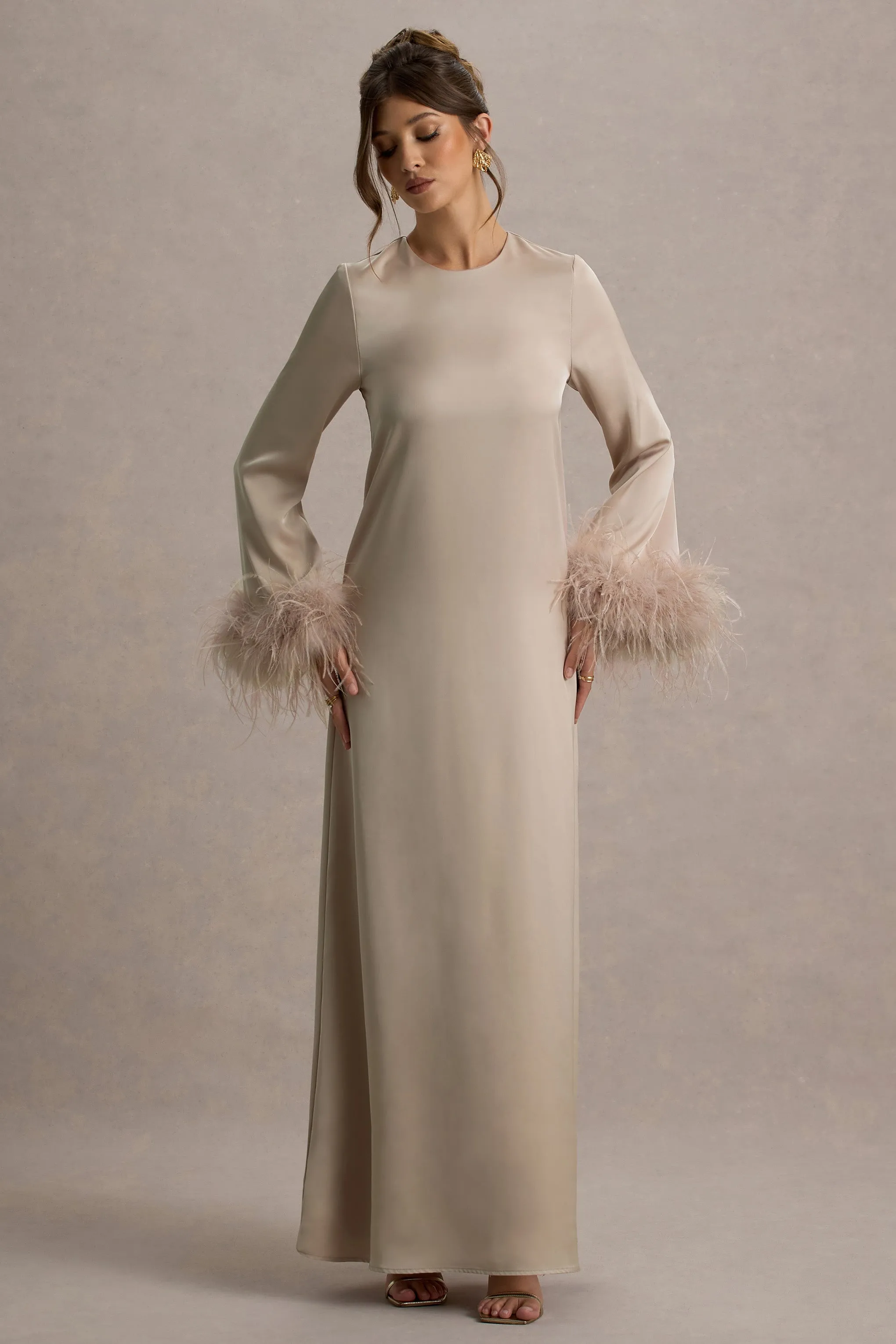 Adella | Champagne Satin Feather-Trim Maxi Dress sold by Club L London product image thumbnail 5