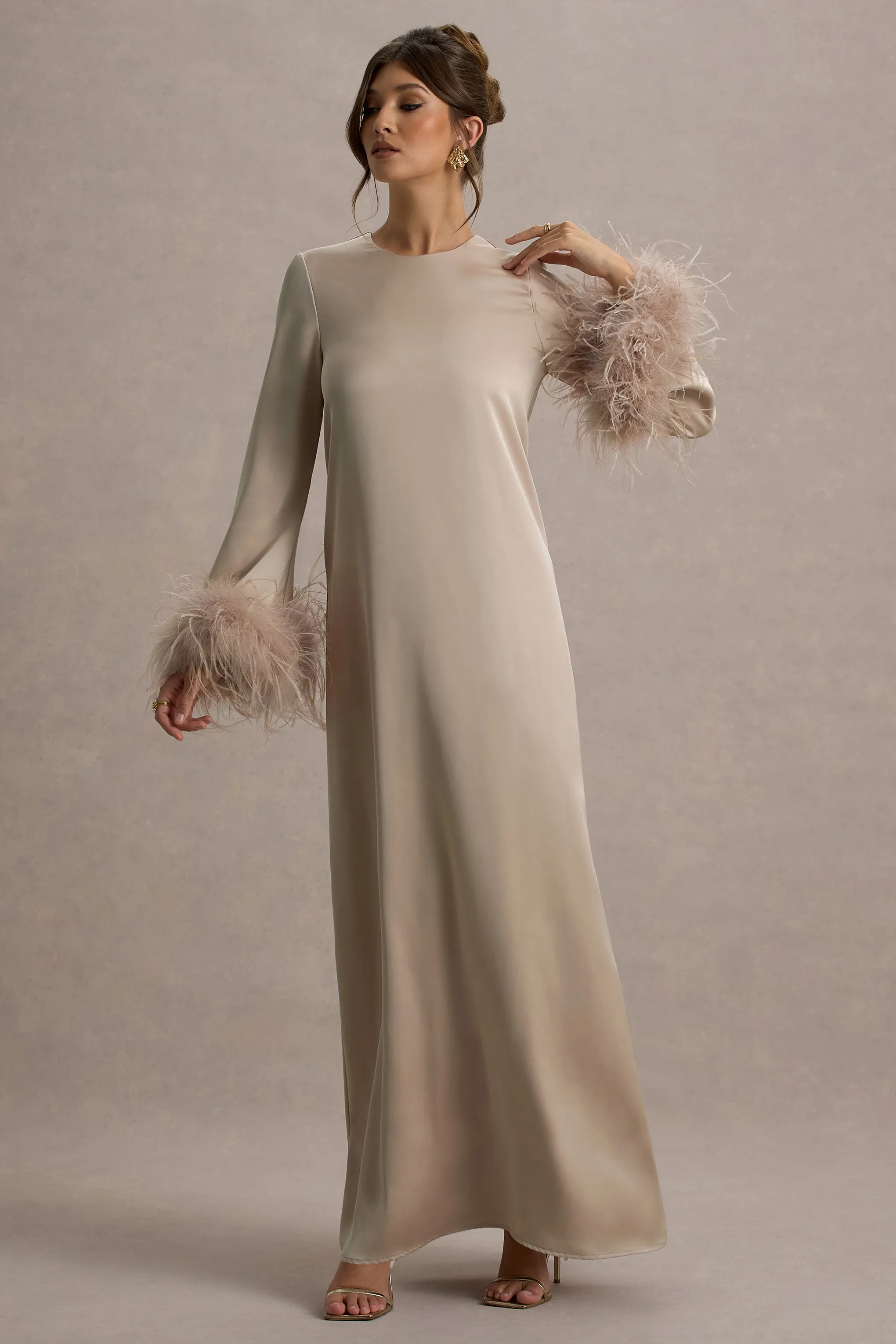 Adella | Champagne Satin Feather-Trim Maxi Dress sold by Club L London product image thumbnail 4