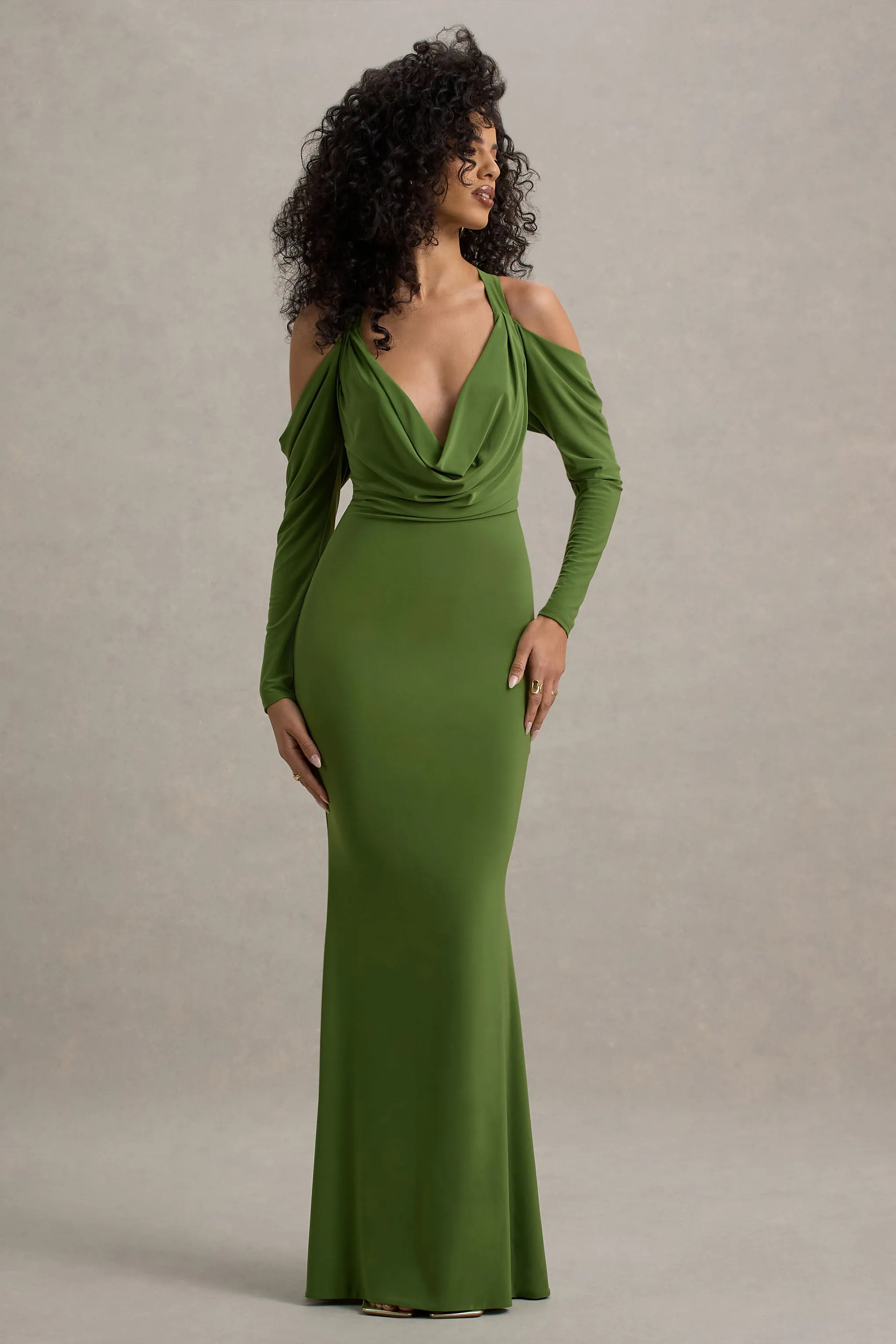Hurghada | Green Plunge-Neck Long-Sleeve Maxi Dress sold by Club L London