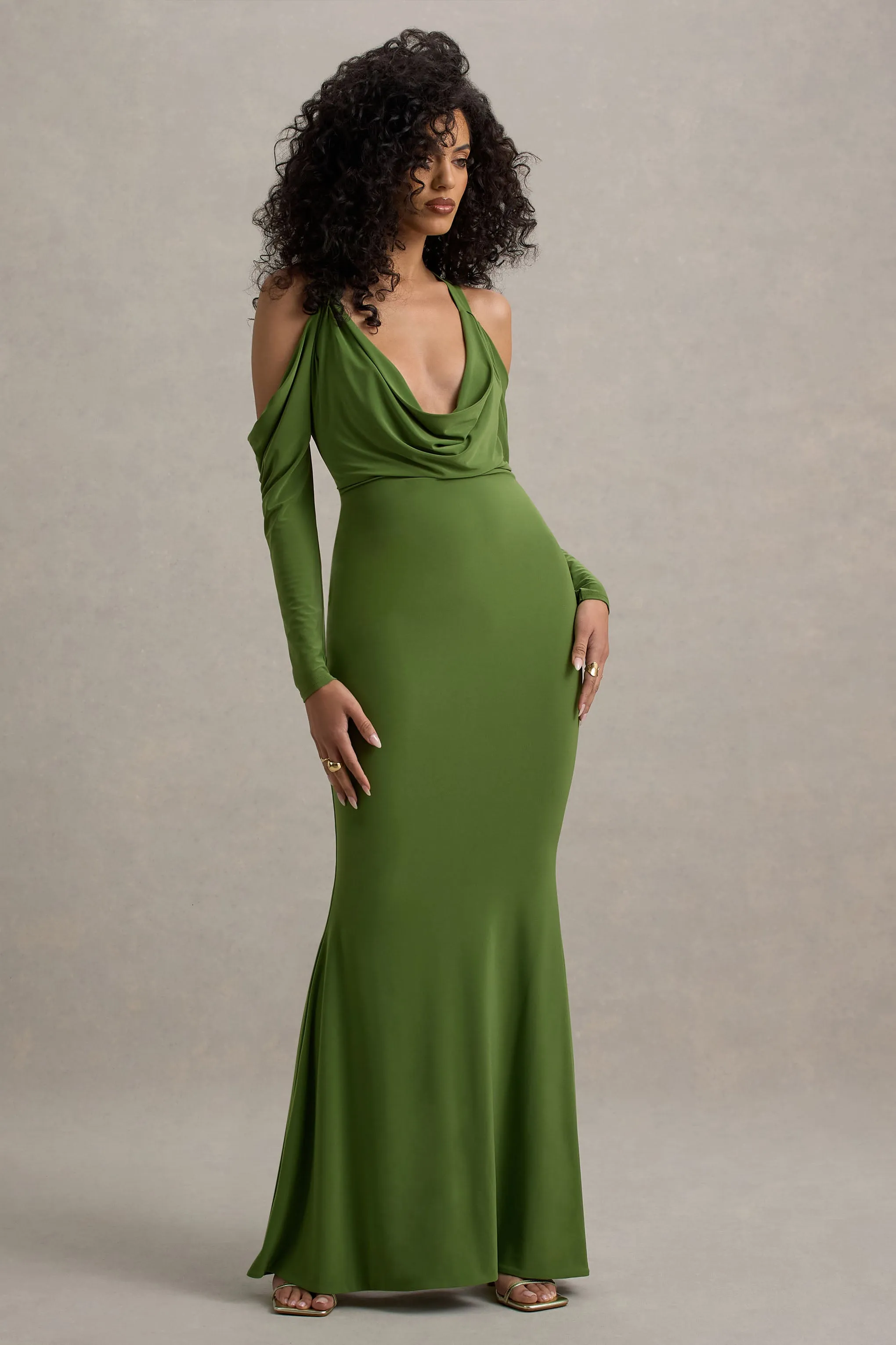 Hurghada | Green Plunge-Neck Long-Sleeve Maxi Dress sold by Club L London product image thumbnail 5