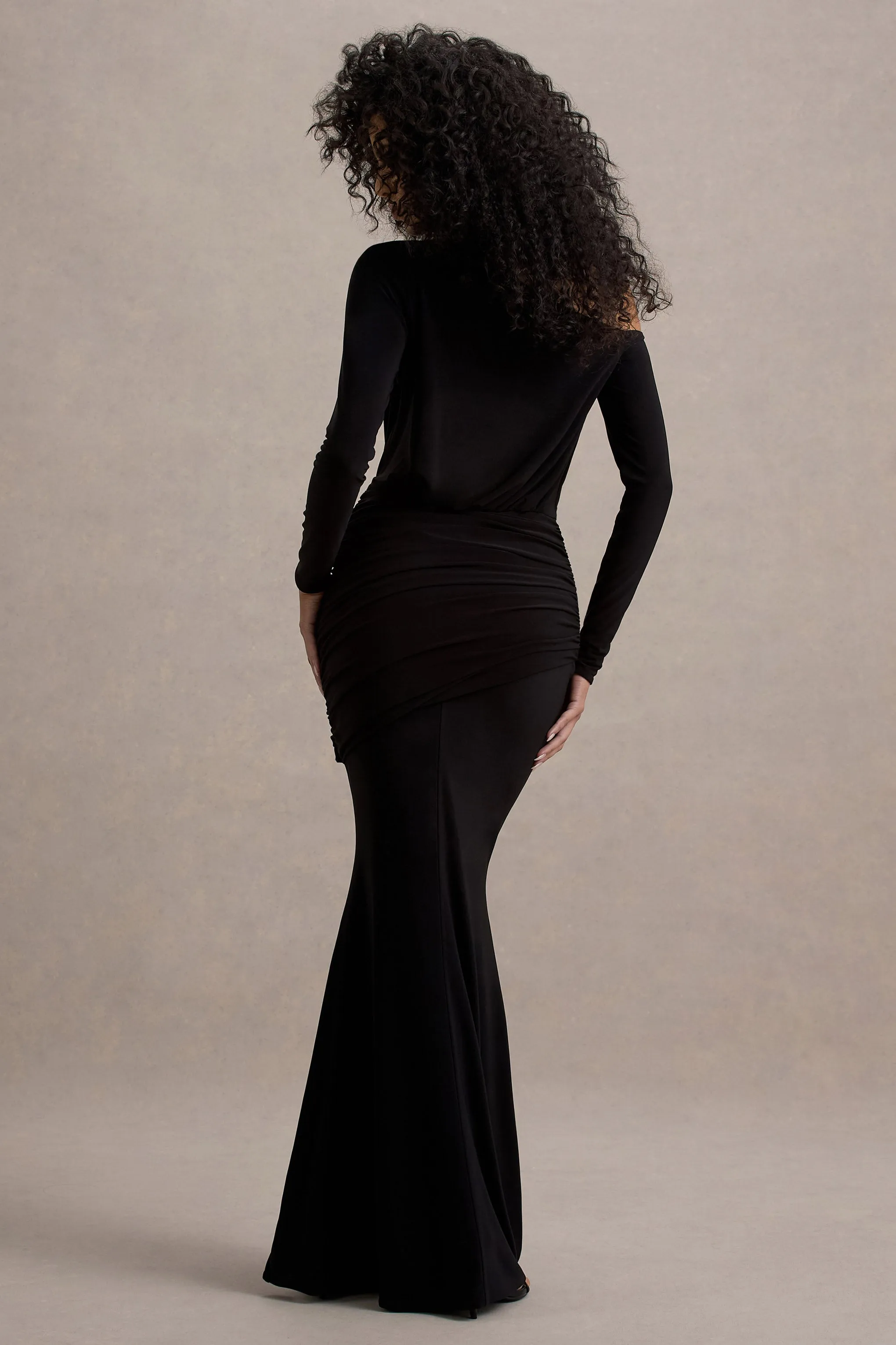 Deanna | Black Asymmetric Long-Sleeve Ruched Maxi Dress sold by Club L London product image thumbnail 2