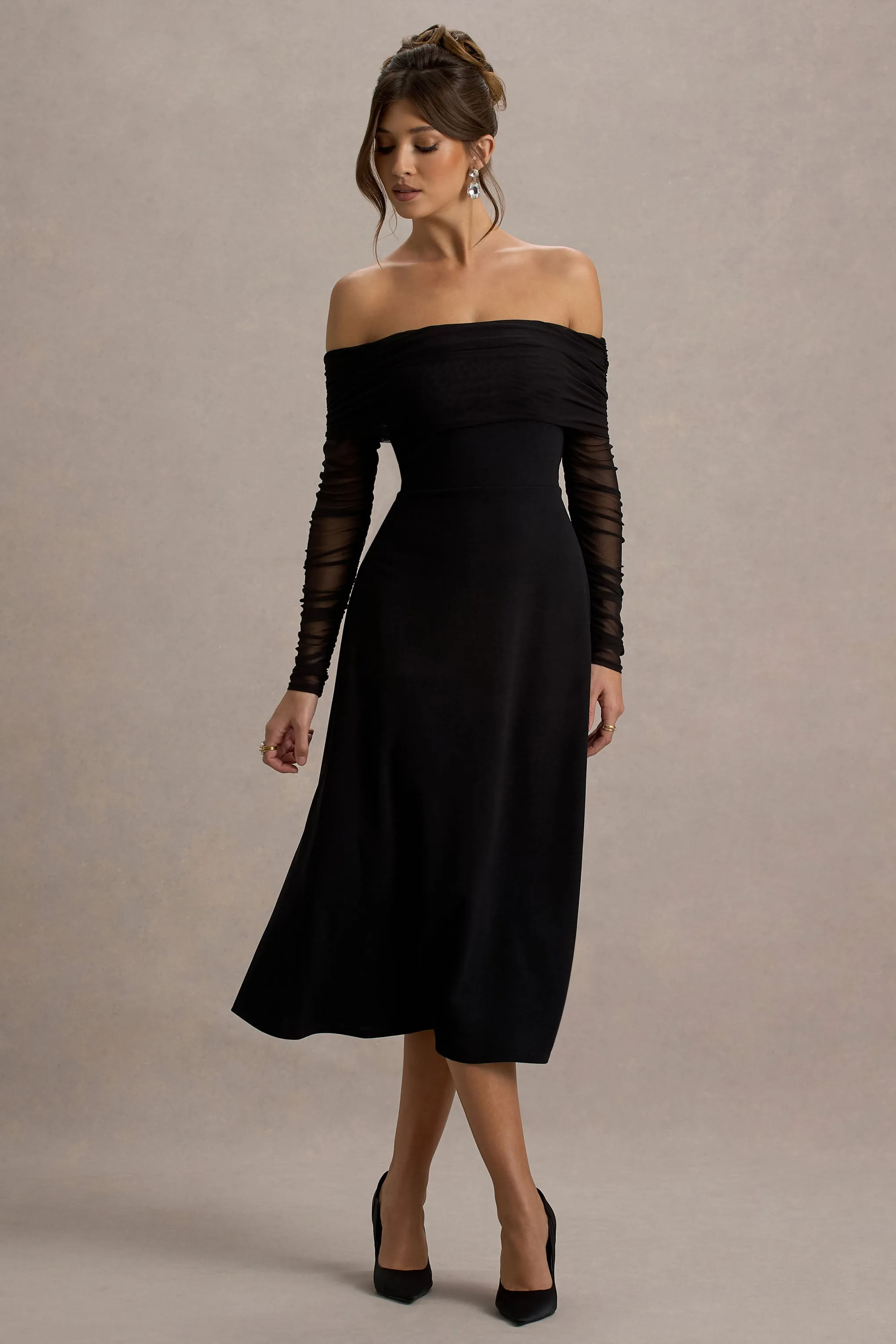 Missy | Black Bardot Long-Sleeve Midi Dress sold by Club L London