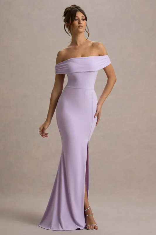 Law of Attraction | Lilac Bardot Draped Split Maxi Dress sold by Club L London