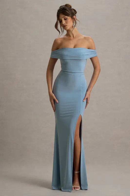 Law of Attraction | Powder Blue Bardot Draped Split Maxi Dress sold by Club L London