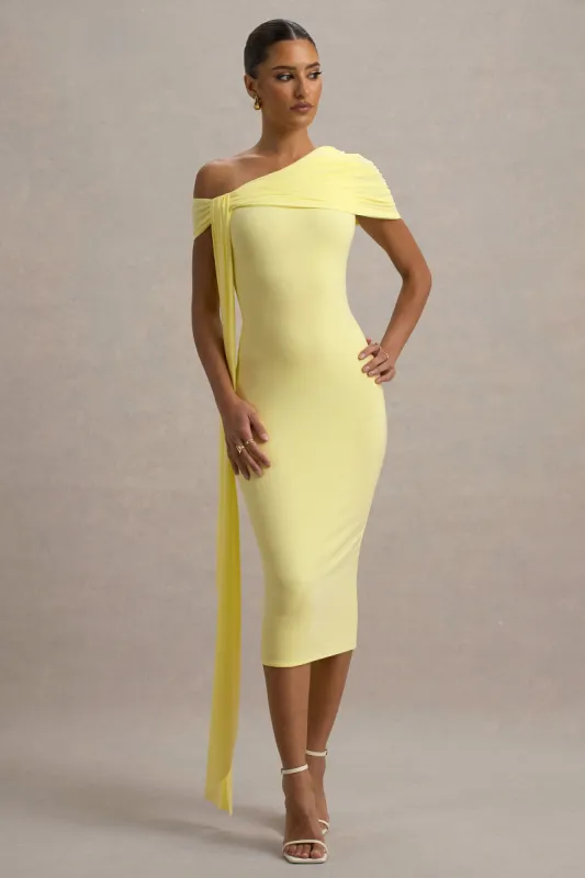 Vallea | Lemon One-Shoulder Draped Midi Dress sold by Club L London