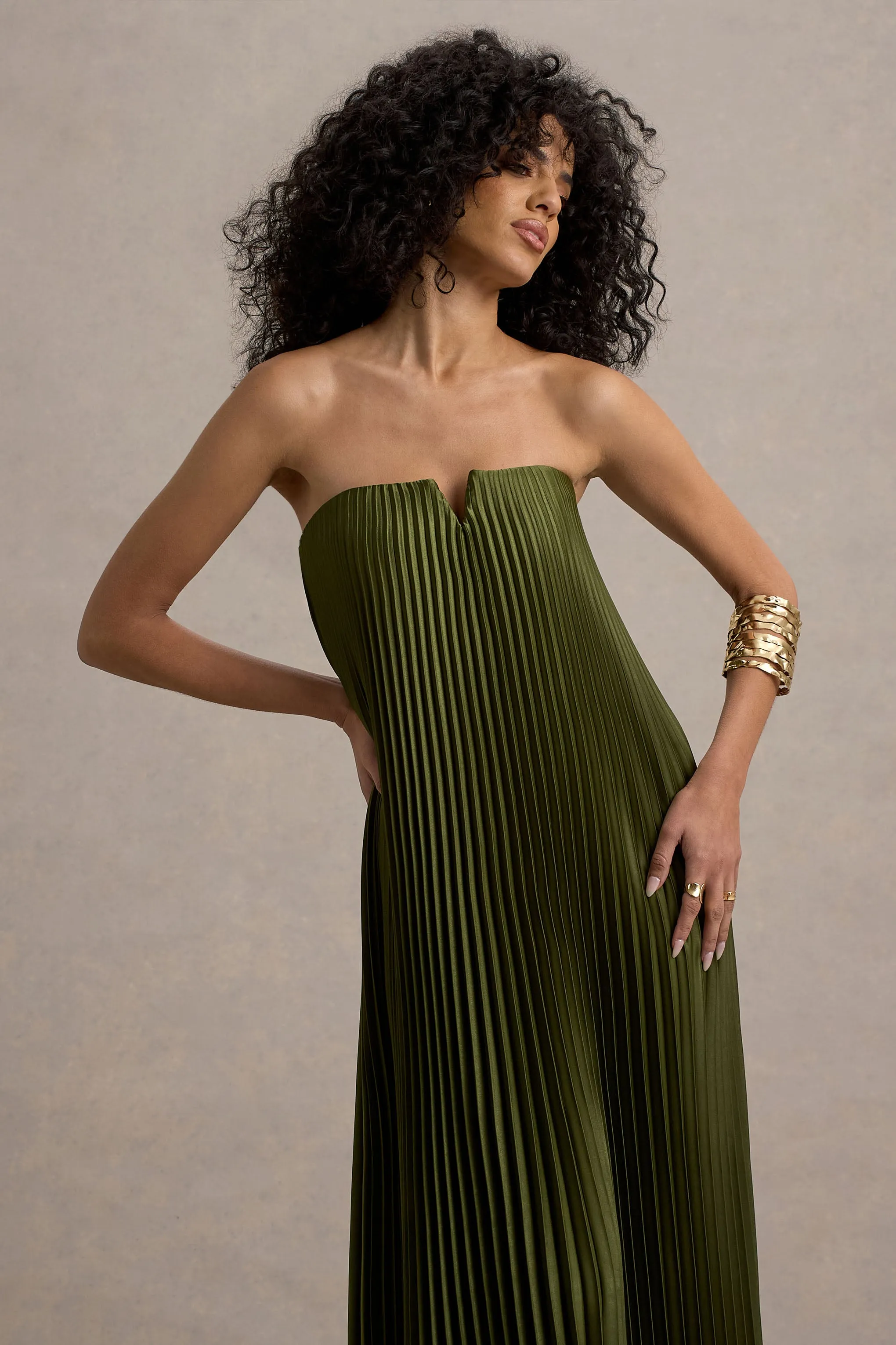 Bergamot | Olive Satin Sweetheart Maxi Dress sold by Club L London product image thumbnail 3