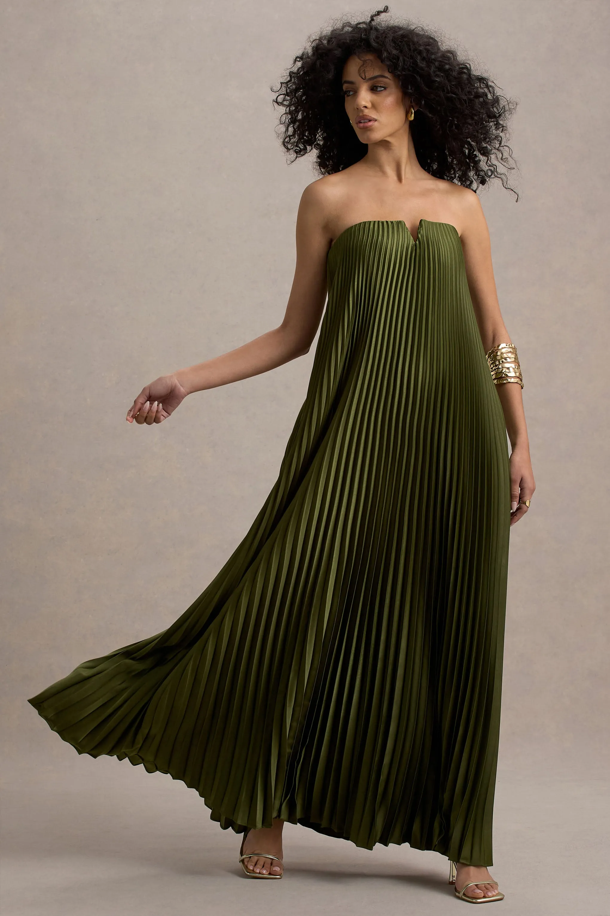 Bergamot | Olive Satin Sweetheart Maxi Dress sold by Club L London
