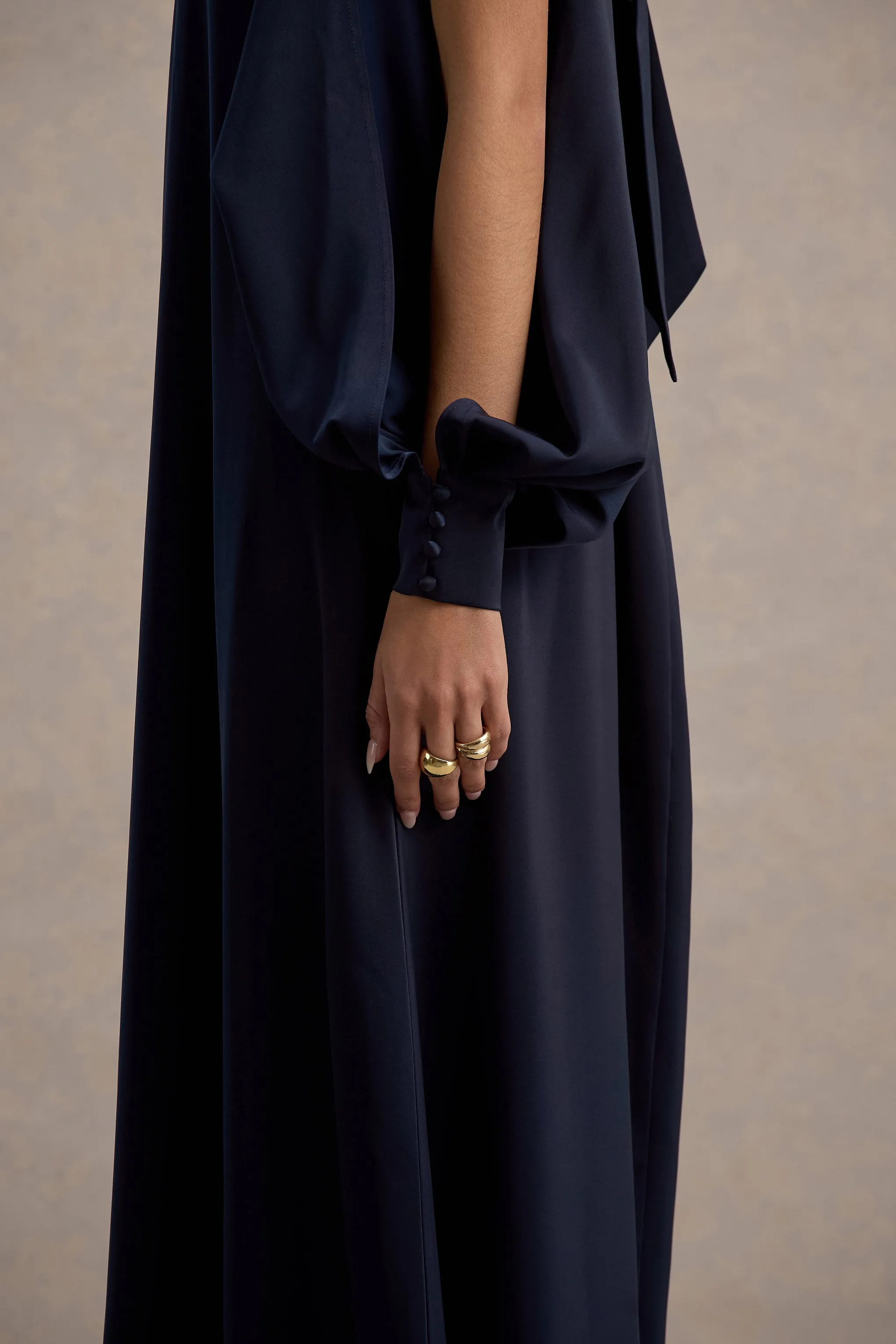 Baila | Navy Satin High-Neck Cape-Sleeve Maxi Dress sold by Club L London product image thumbnail 5
