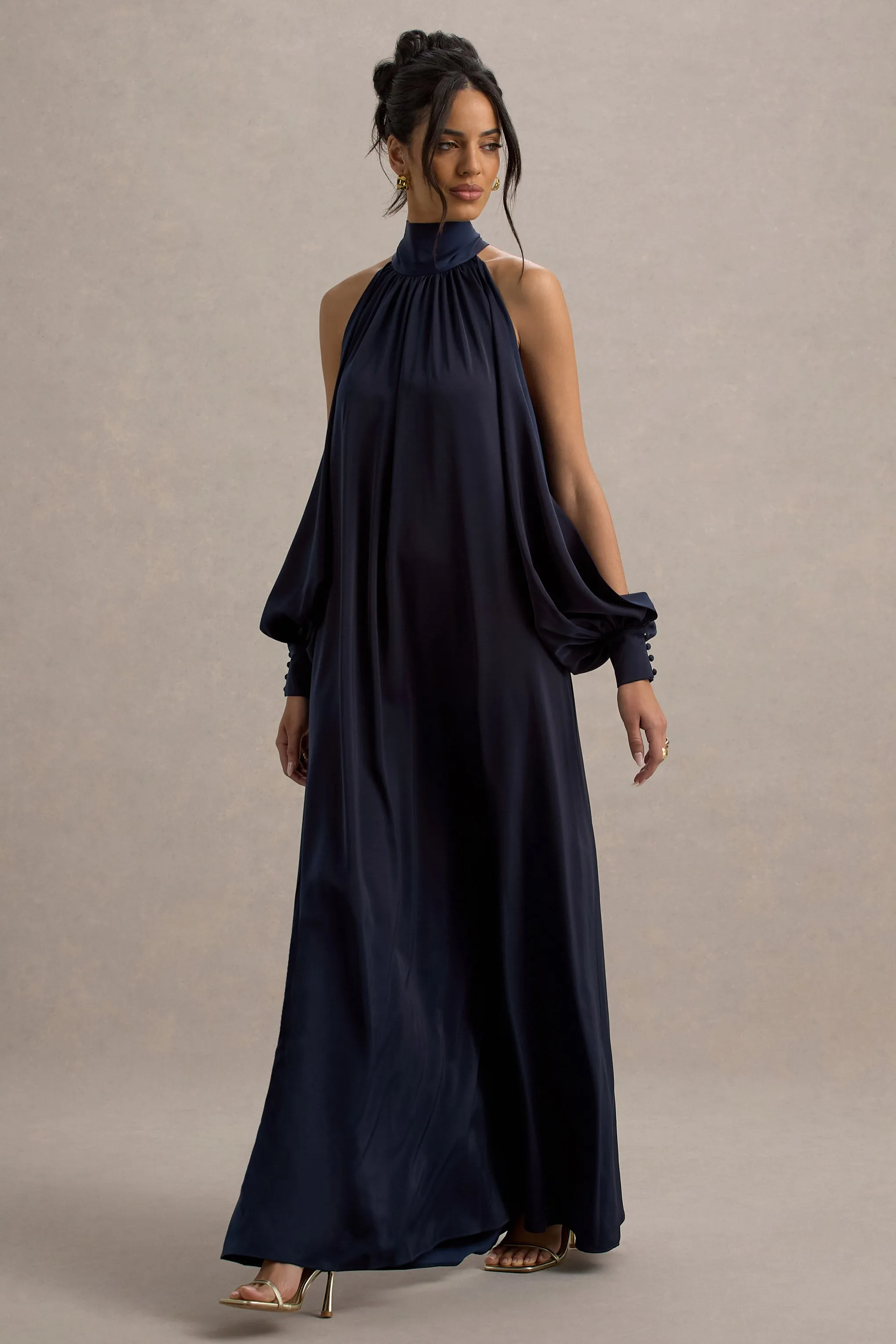 Baila | Navy Satin High-Neck Cape-Sleeve Maxi Dress sold by Club L London product image thumbnail 2