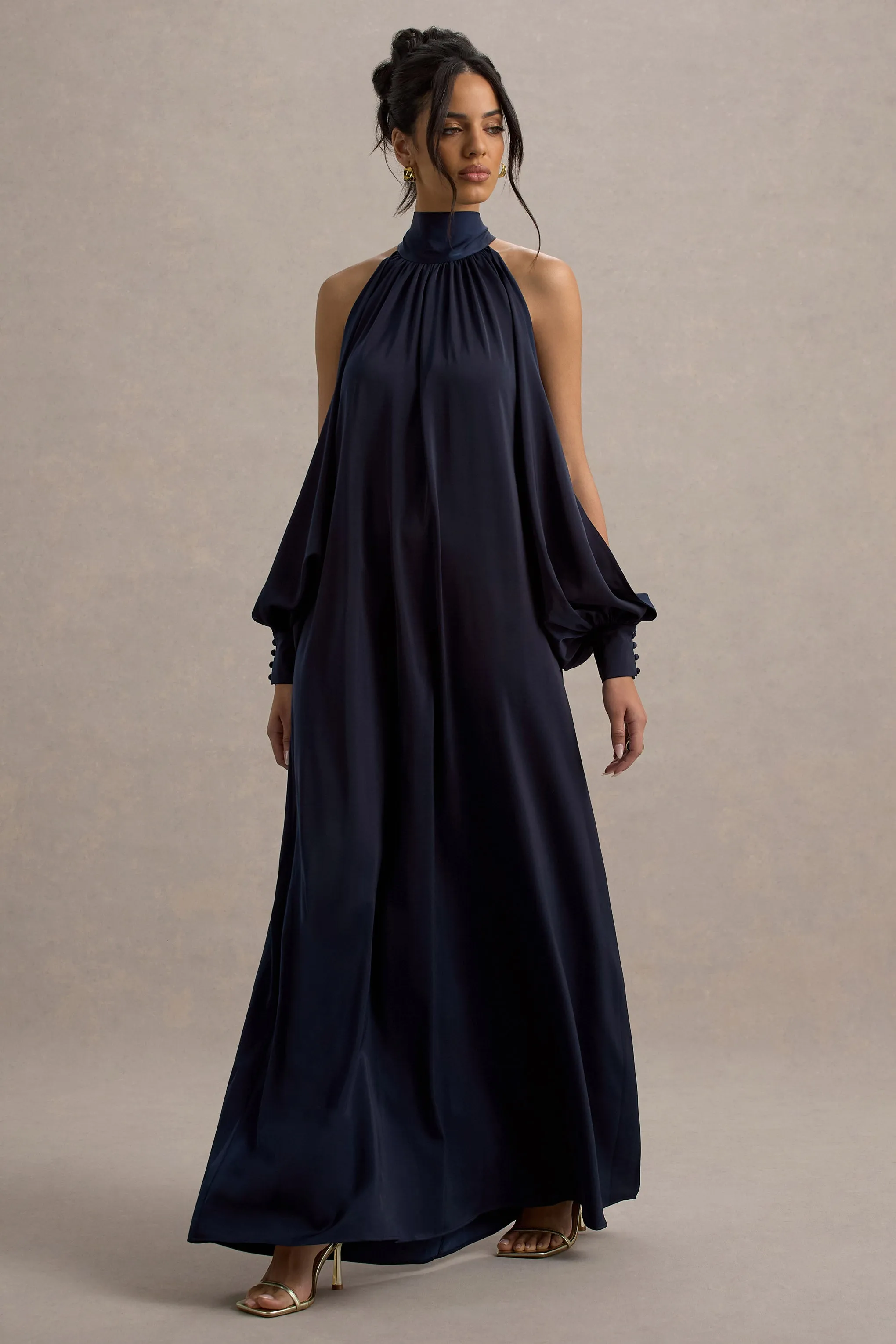 Baila | Navy Satin High-Neck Cape-Sleeve Maxi Dress sold by Club L London