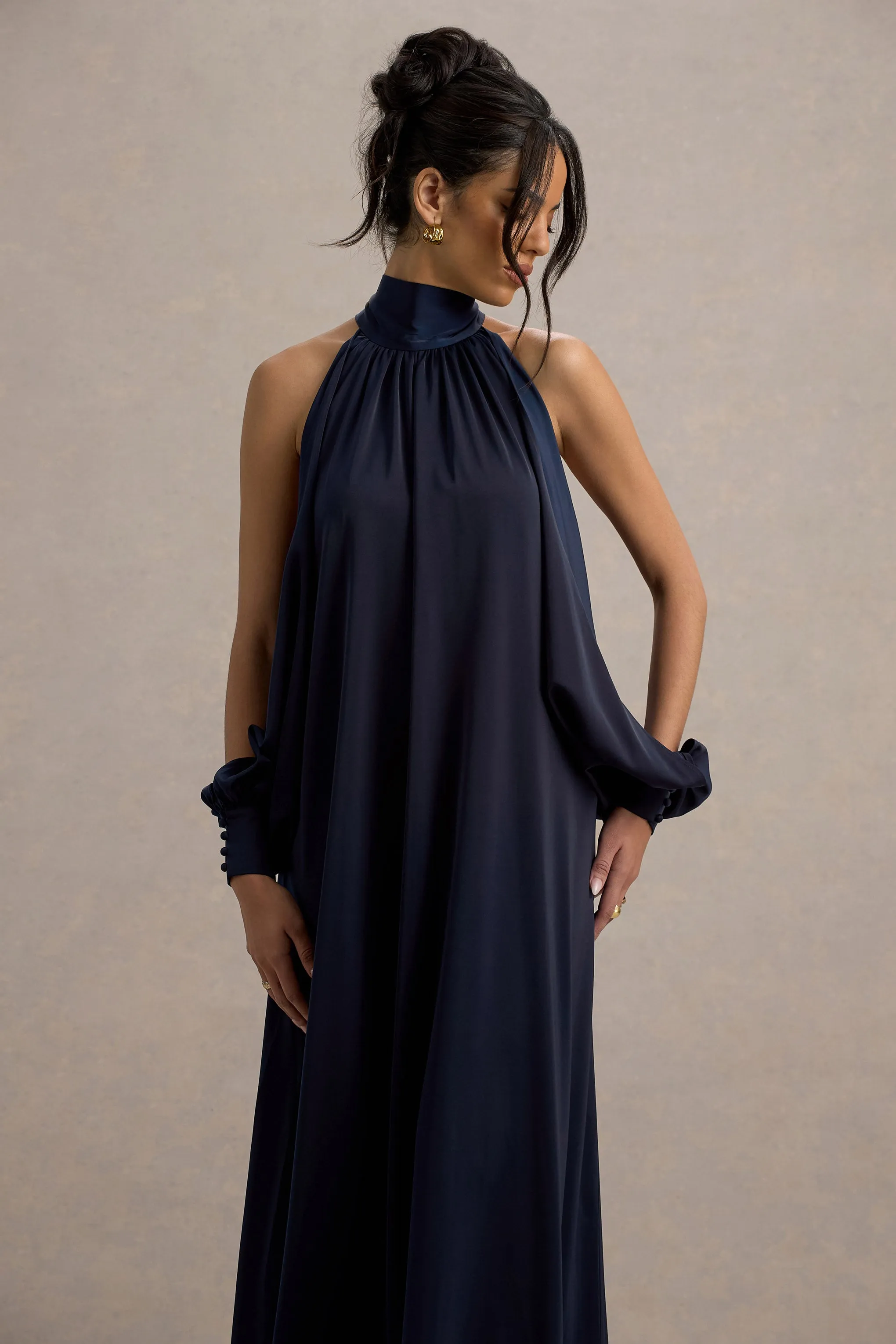 Baila | Navy Satin High-Neck Cape-Sleeve Maxi Dress sold by Club L London product image thumbnail 3