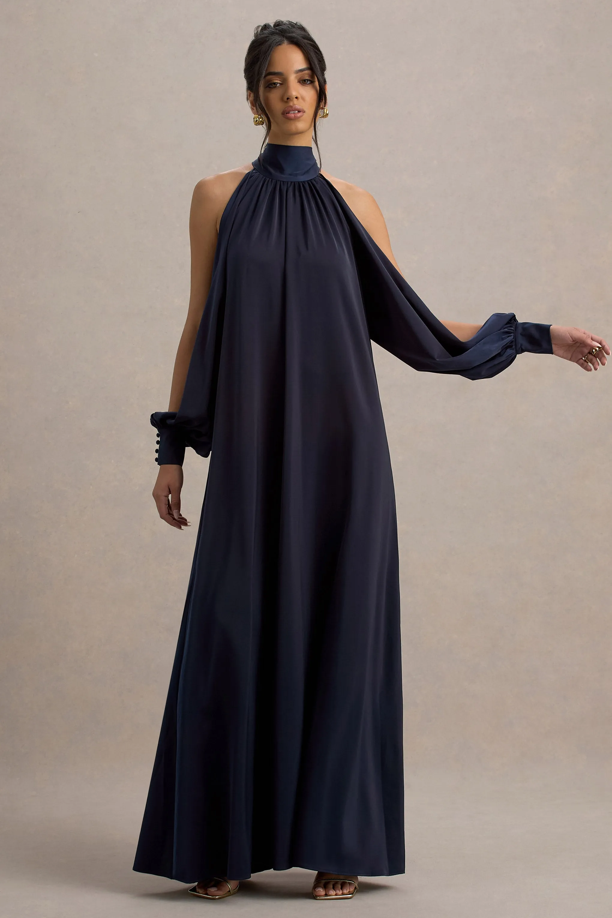 Baila | Navy Satin High-Neck Cape-Sleeve Maxi Dress sold by Club L London product image thumbnail 4
