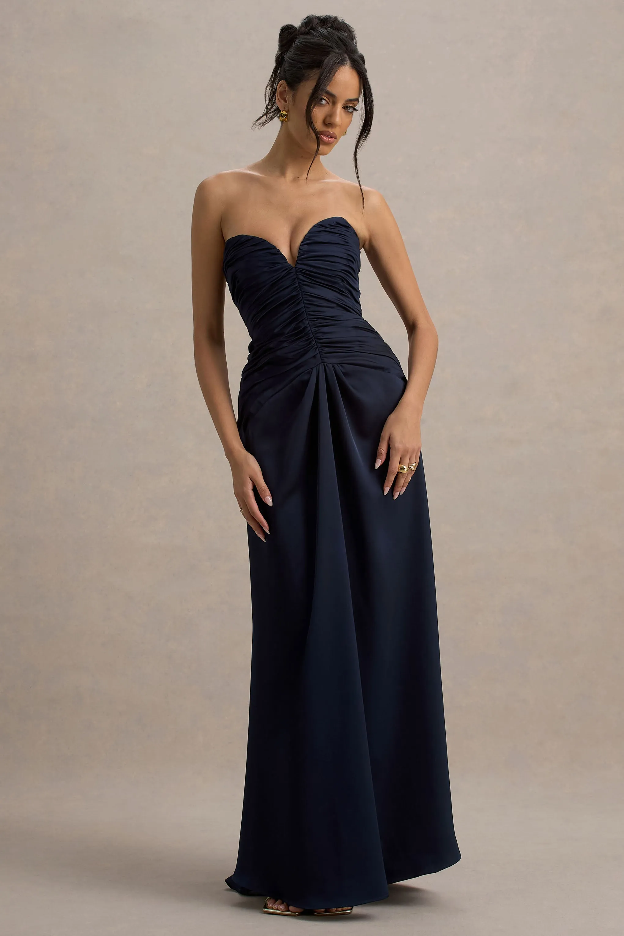 Desirie | Navy Satin Sweetheart Gathered Maxi Dress sold by Club L London product image thumbnail 4