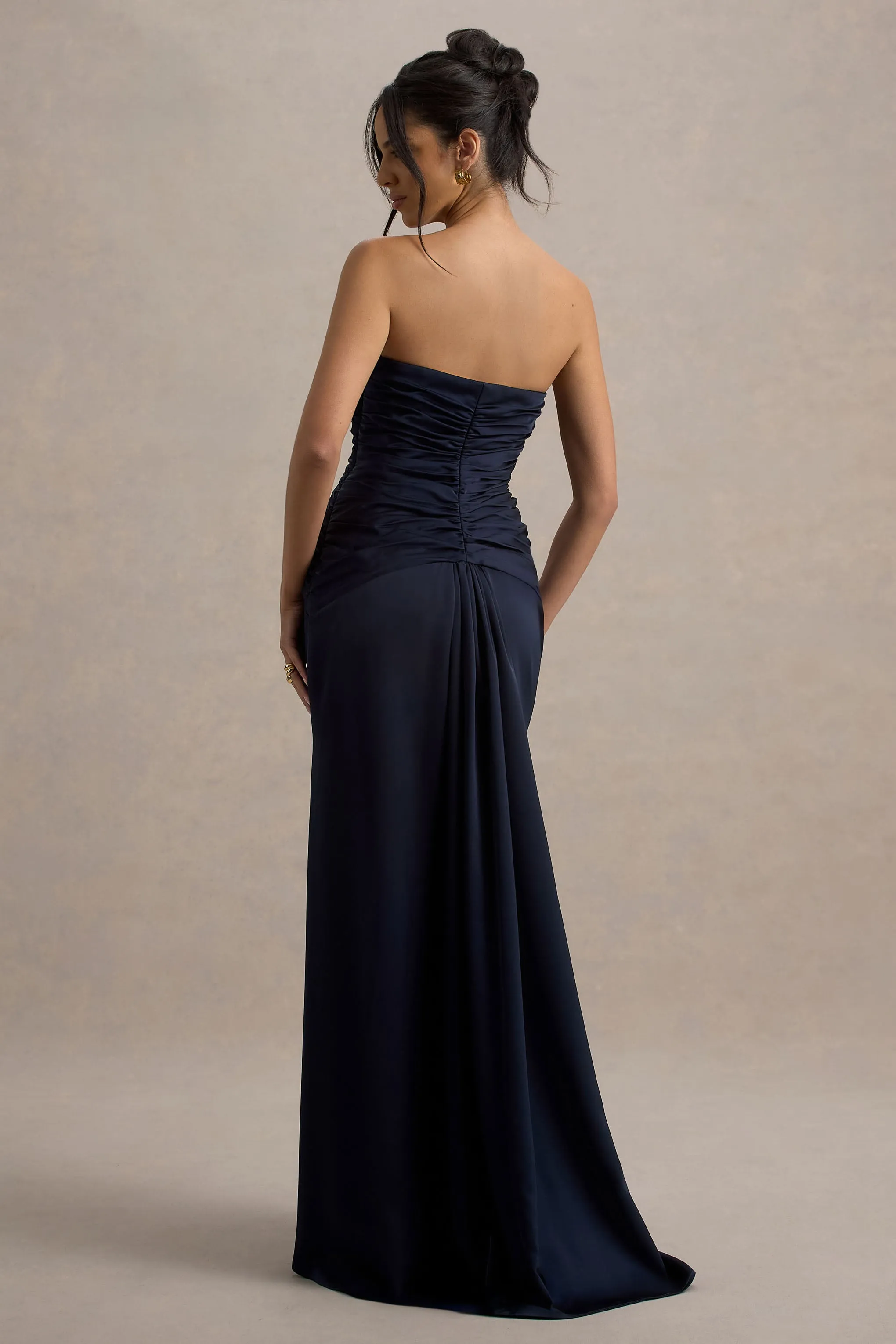 Desirie | Navy Satin Sweetheart Gathered Maxi Dress sold by Club L London product image thumbnail 2