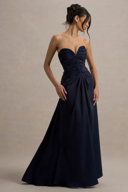 Desirie | Navy Satin Sweetheart Gathered Maxi Dress sold by Club L London