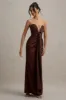 Mackenzie | Brown Satin Plunge-Neck Draped Maxi Dress sold by Club L London