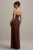 Mackenzie | Brown Satin Plunge-Neck Draped Maxi Dress sold by Club L London