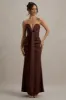 Mackenzie | Brown Satin Plunge-Neck Draped Maxi Dress sold by Club L London
