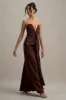 Mackenzie | Brown Satin Plunge-Neck Draped Maxi Dress sold by Club L London
