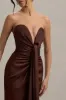 Mackenzie | Brown Satin Plunge-Neck Draped Maxi Dress sold by Club L London