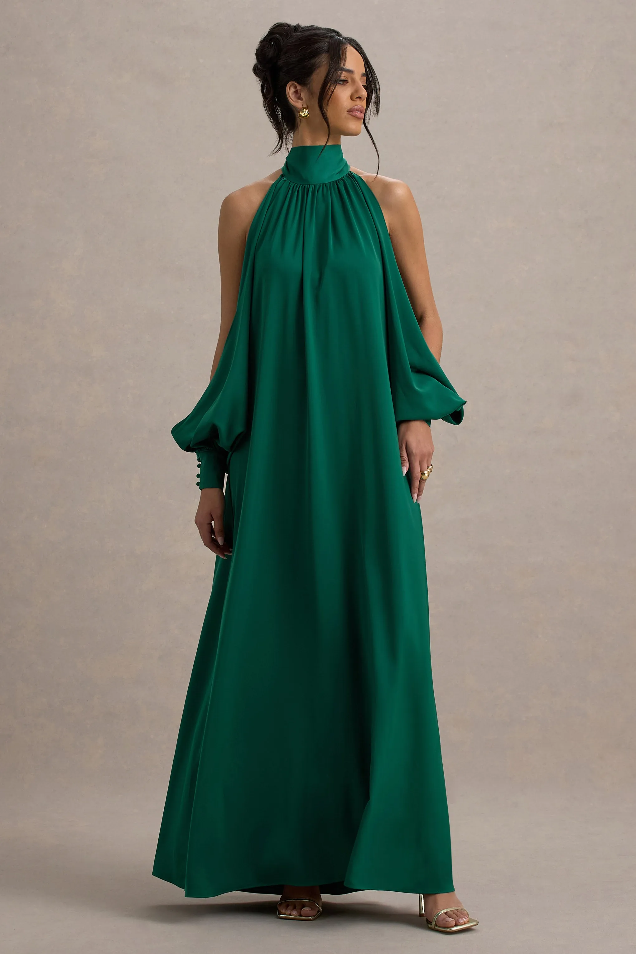 Baila | Bottle Green Satin High-Neck Cape-Sleeve Maxi Dress sold by Club L London product image thumbnail 4