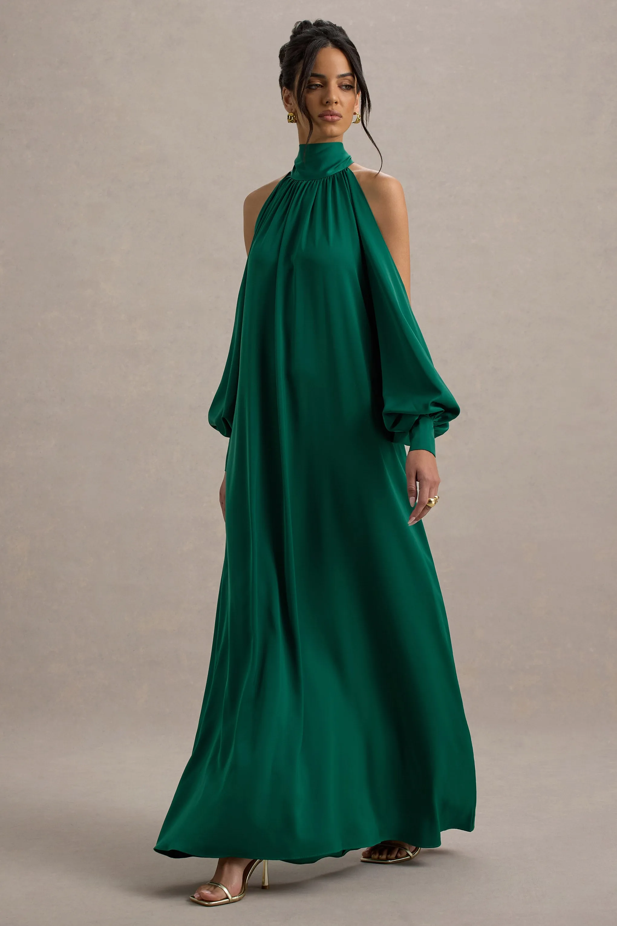Baila | Bottle Green Satin High-Neck Cape-Sleeve Maxi Dress sold by Club L London