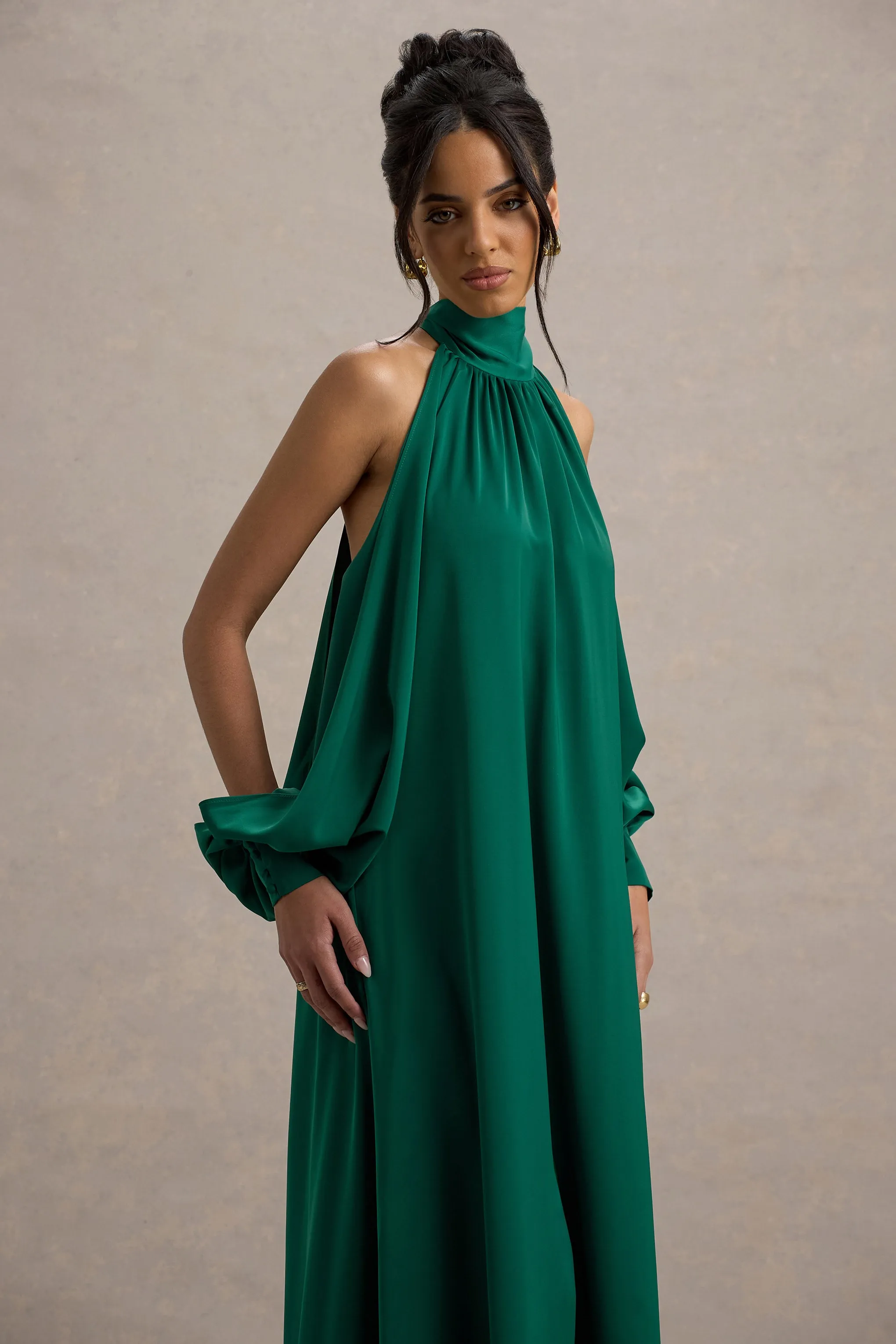 Baila | Bottle Green Satin High-Neck Cape-Sleeve Maxi Dress sold by Club L London product image thumbnail 3