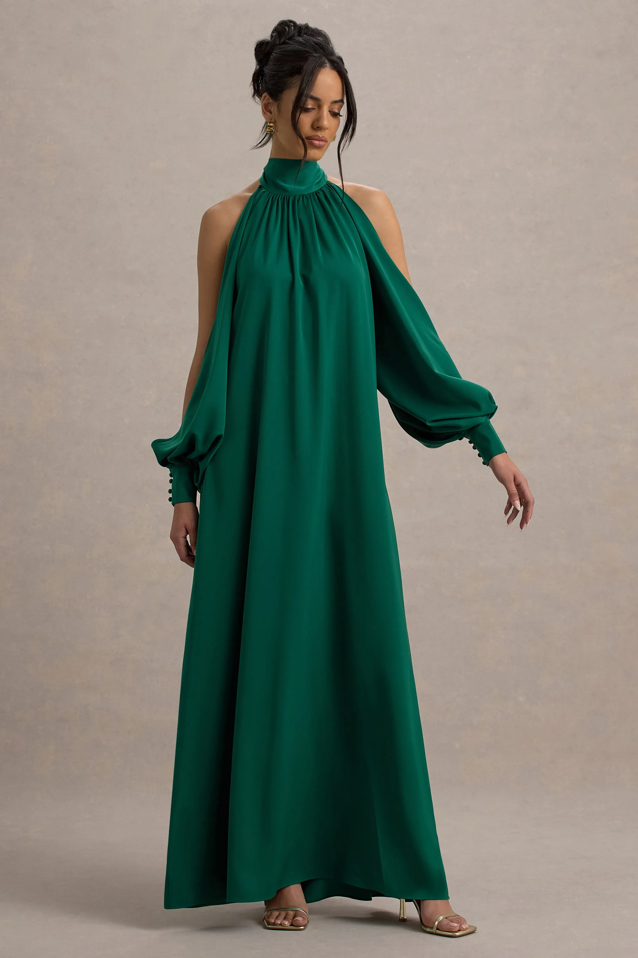 Baila | Bottle Green Satin High-Neck Cape-Sleeve Maxi Dress sold by Club L London product image thumbnail 5
