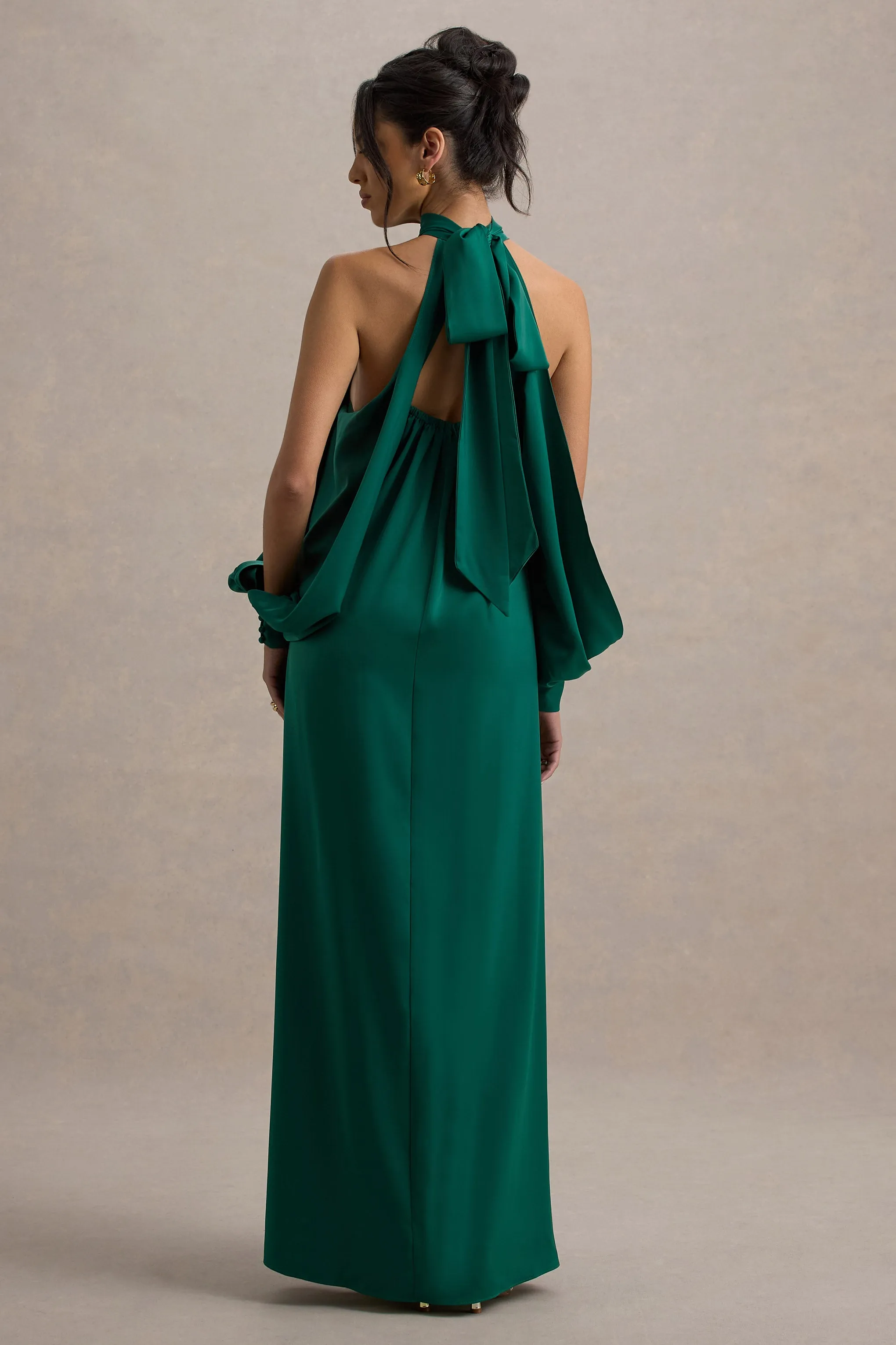 Baila | Bottle Green Satin High-Neck Cape-Sleeve Maxi Dress sold by Club L London product image thumbnail 2