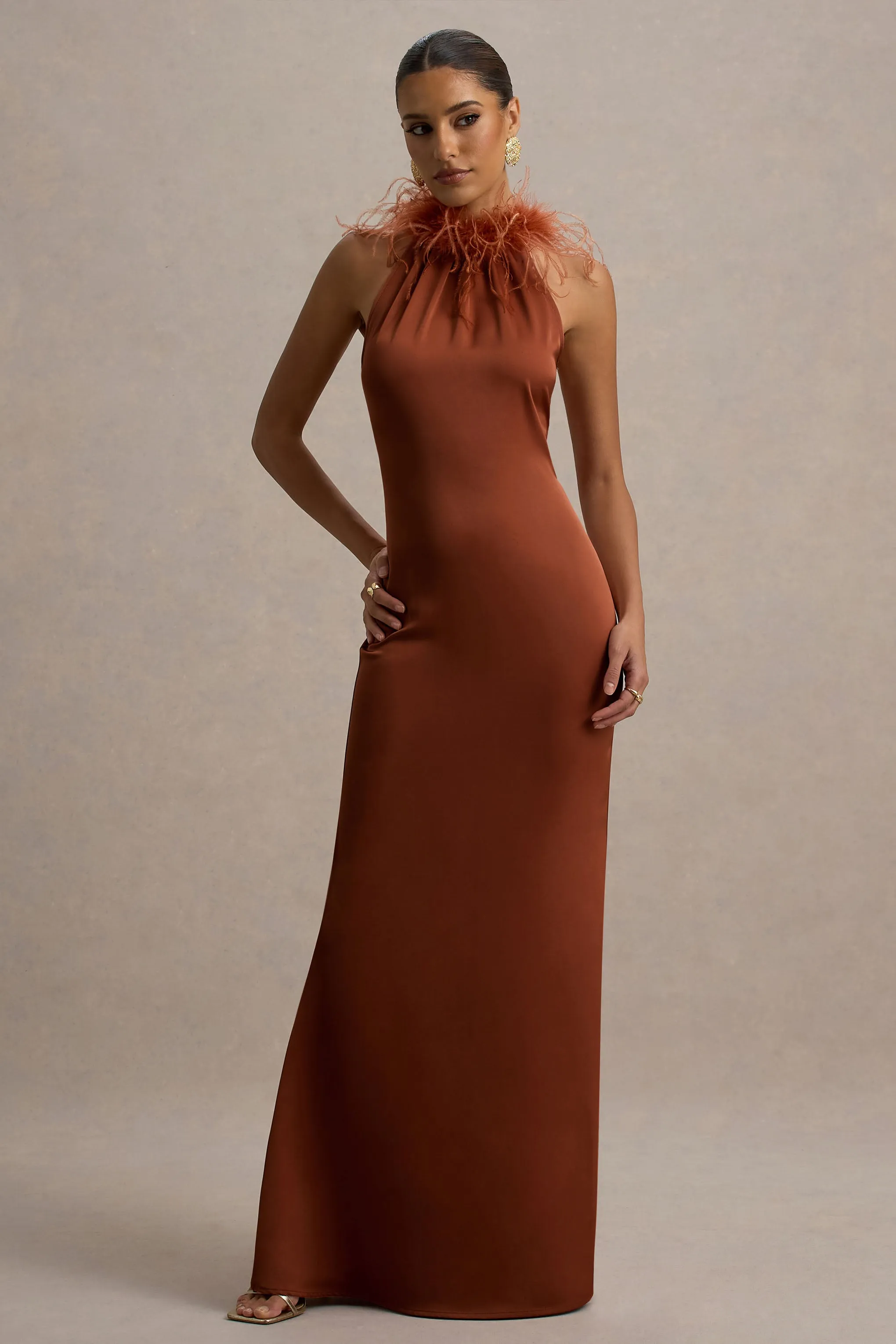 Bianca | Rust Satin Feather-Trim Maxi Dress sold by Club L London product image thumbnail 4