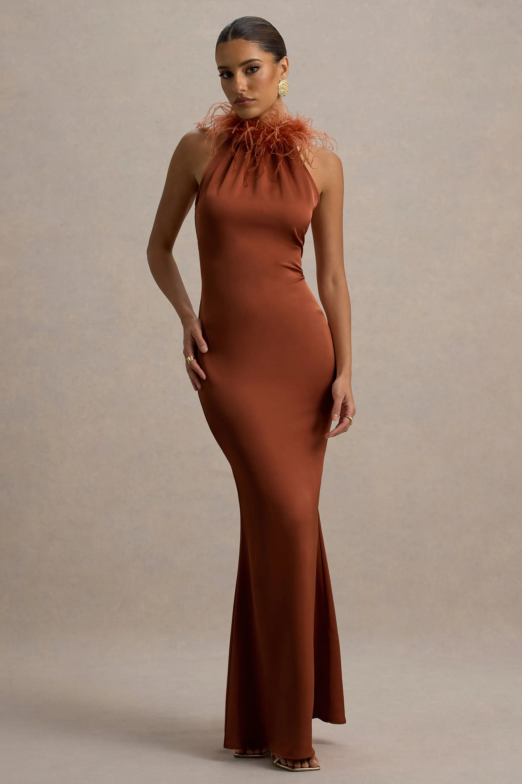 Bianca | Rust Satin Feather-Trim Maxi Dress sold by Club L London product image thumbnail 5