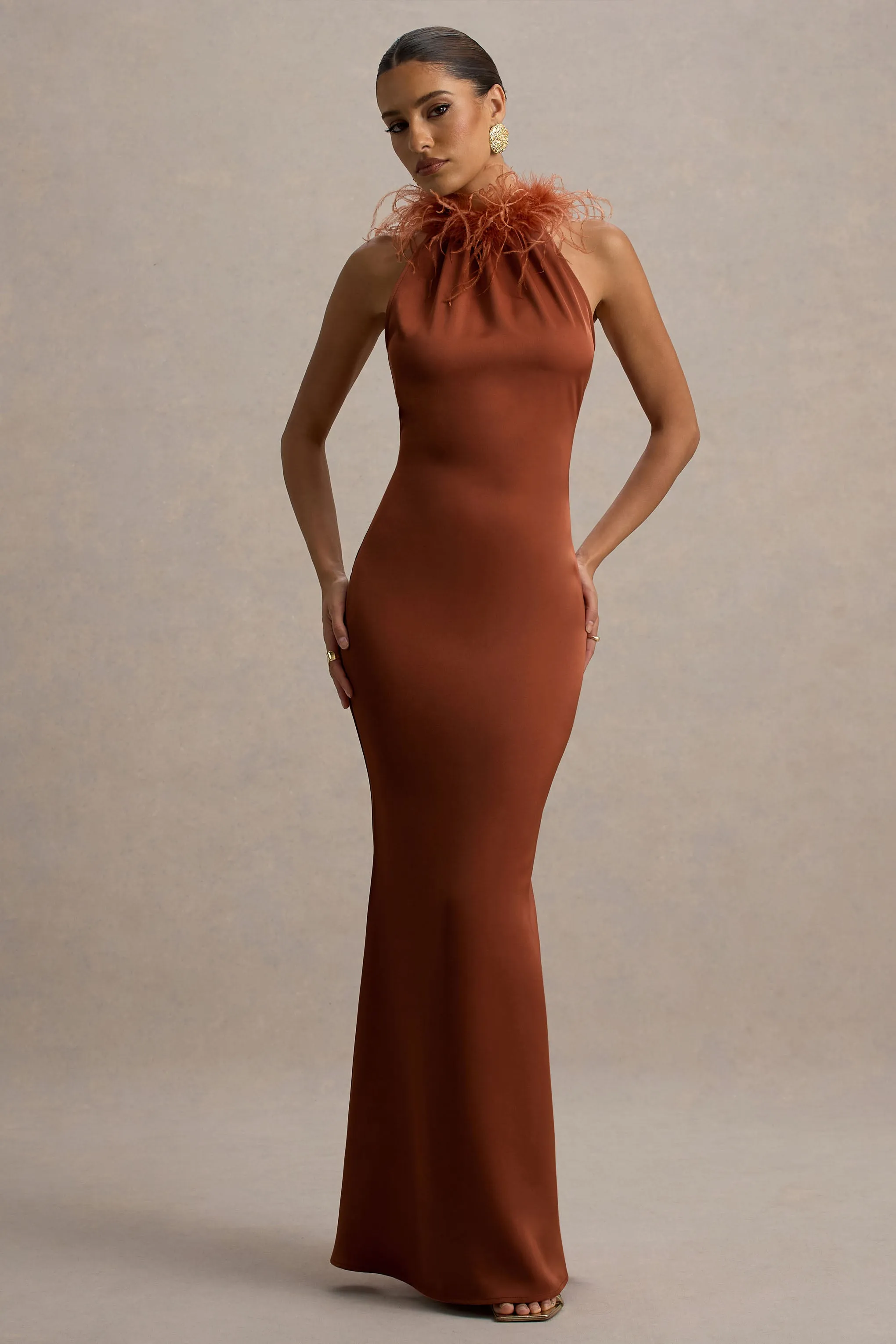 Bianca | Rust Satin Feather-Trim Maxi Dress sold by Club L London