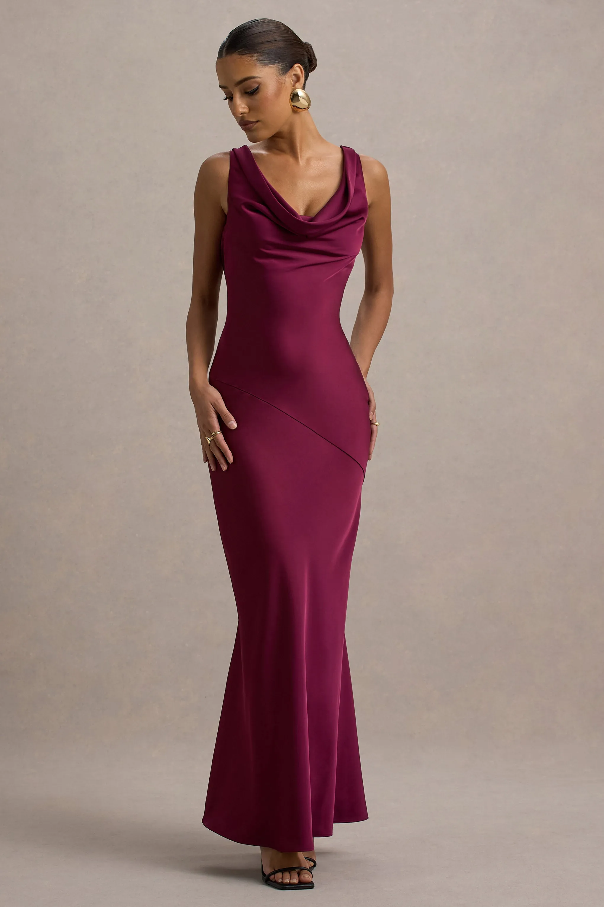 Alesso | Burgundy Satin Cowl-Neck Maxi Dress sold by Club L London