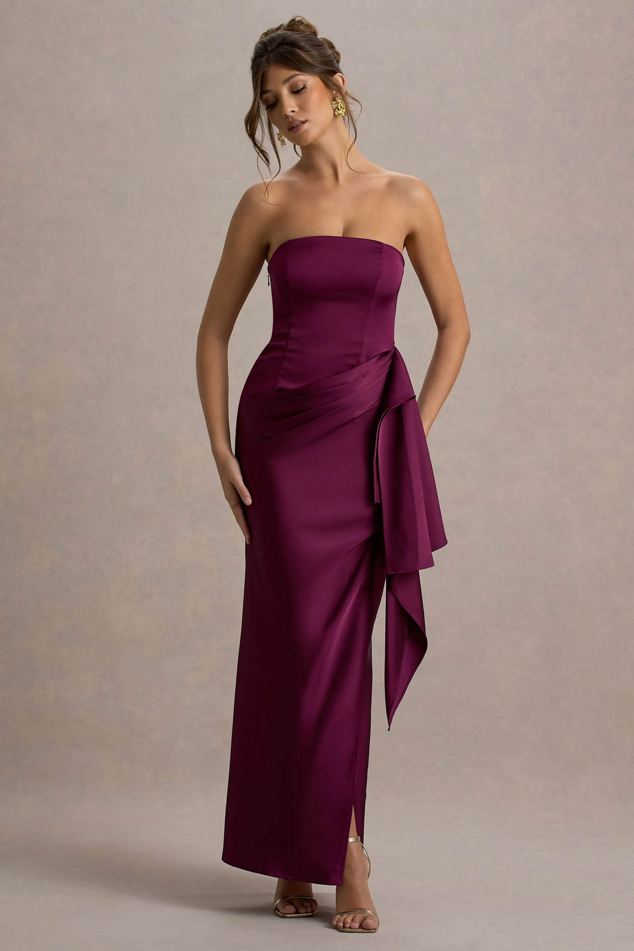 Loz | Burgundy Satin Bandeau Draped Maxi Dress sold by Club L London