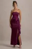 Loz | Burgundy Satin Bandeau Draped Maxi Dress sold by Club L London