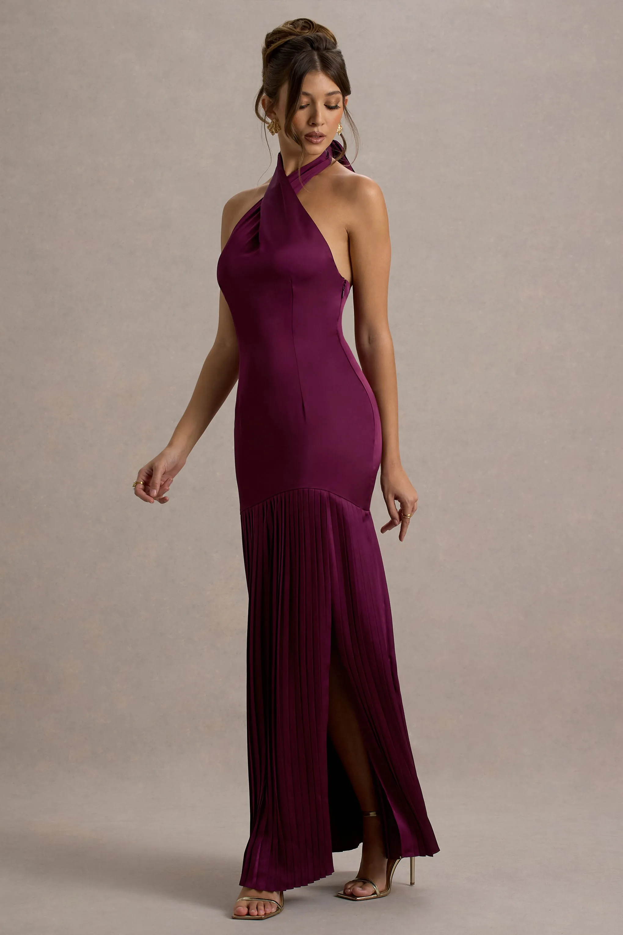 Sansa | Burgundy Satin Cross Halter-Neck Plisse Maxi Dress sold by Club L London product image thumbnail 5