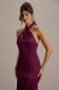 Sansa | Burgundy Satin Cross Halter-Neck Plisse Maxi Dress sold by Club L London