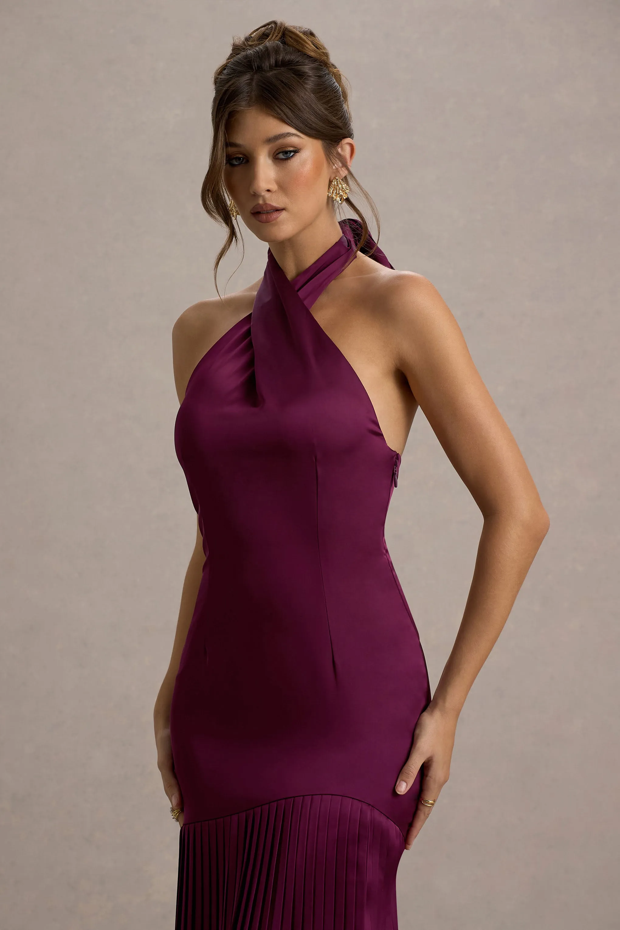 Sansa | Burgundy Satin Cross Halter-Neck Plisse Maxi Dress sold by Club L London product image thumbnail 3