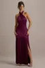 Sansa | Burgundy Satin Cross Halter-Neck Plisse Maxi Dress sold by Club L London