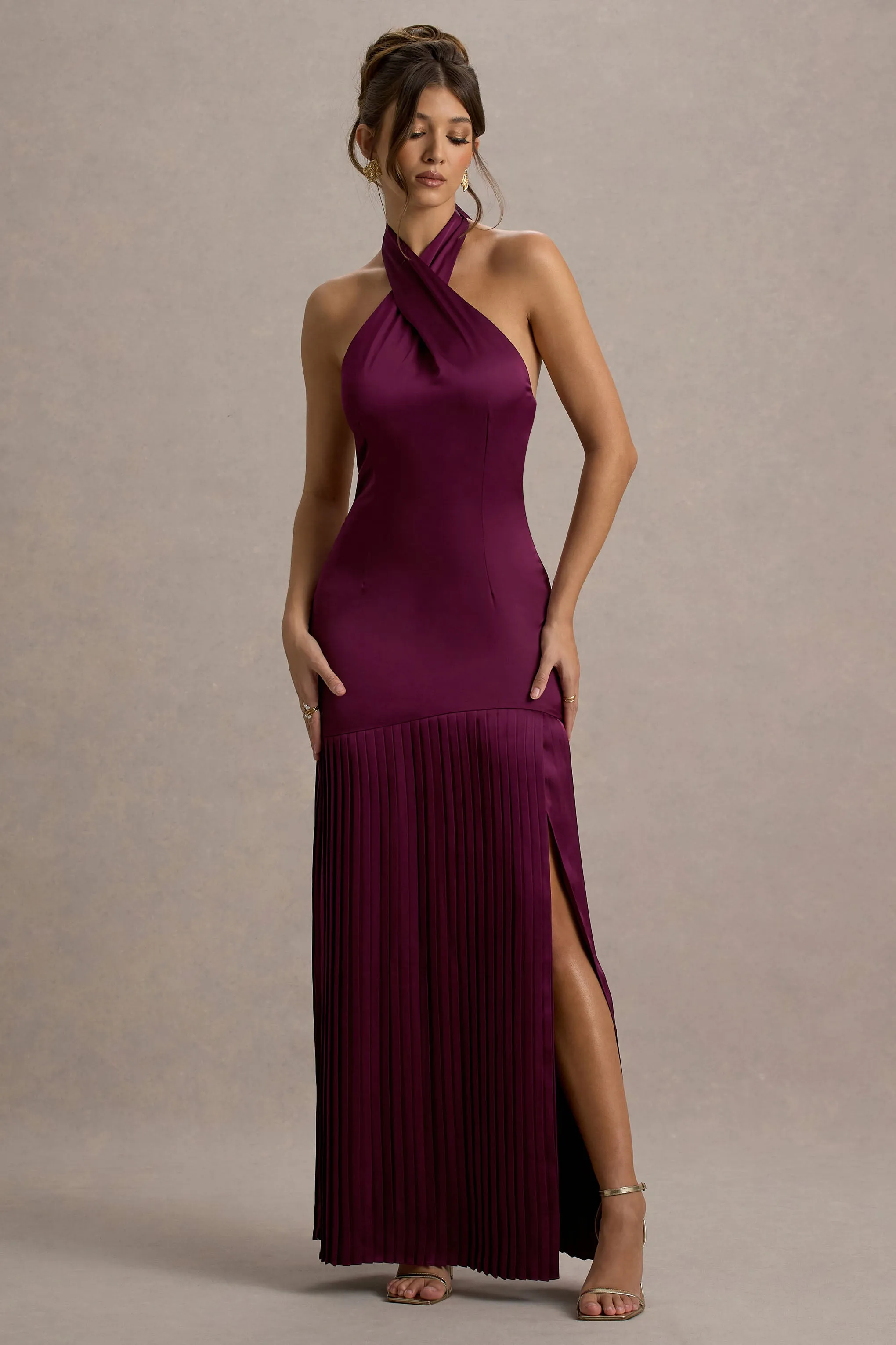 Sansa | Burgundy Satin Cross Halter-Neck Plisse Maxi Dress sold by Club L London product image thumbnail 4