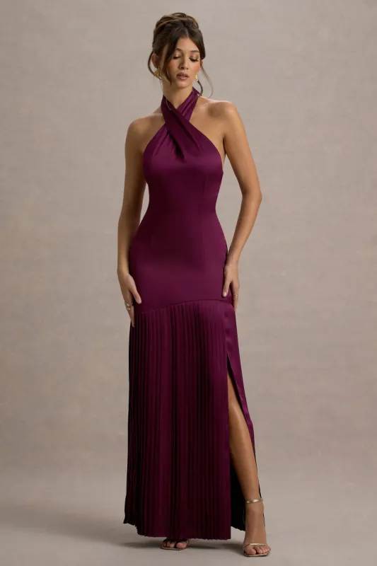 Sansa | Burgundy Satin Cross Halter-Neck Plisse Maxi Dress sold by Club L London