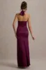 Sansa | Burgundy Satin Cross Halter-Neck Plisse Maxi Dress sold by Club L London