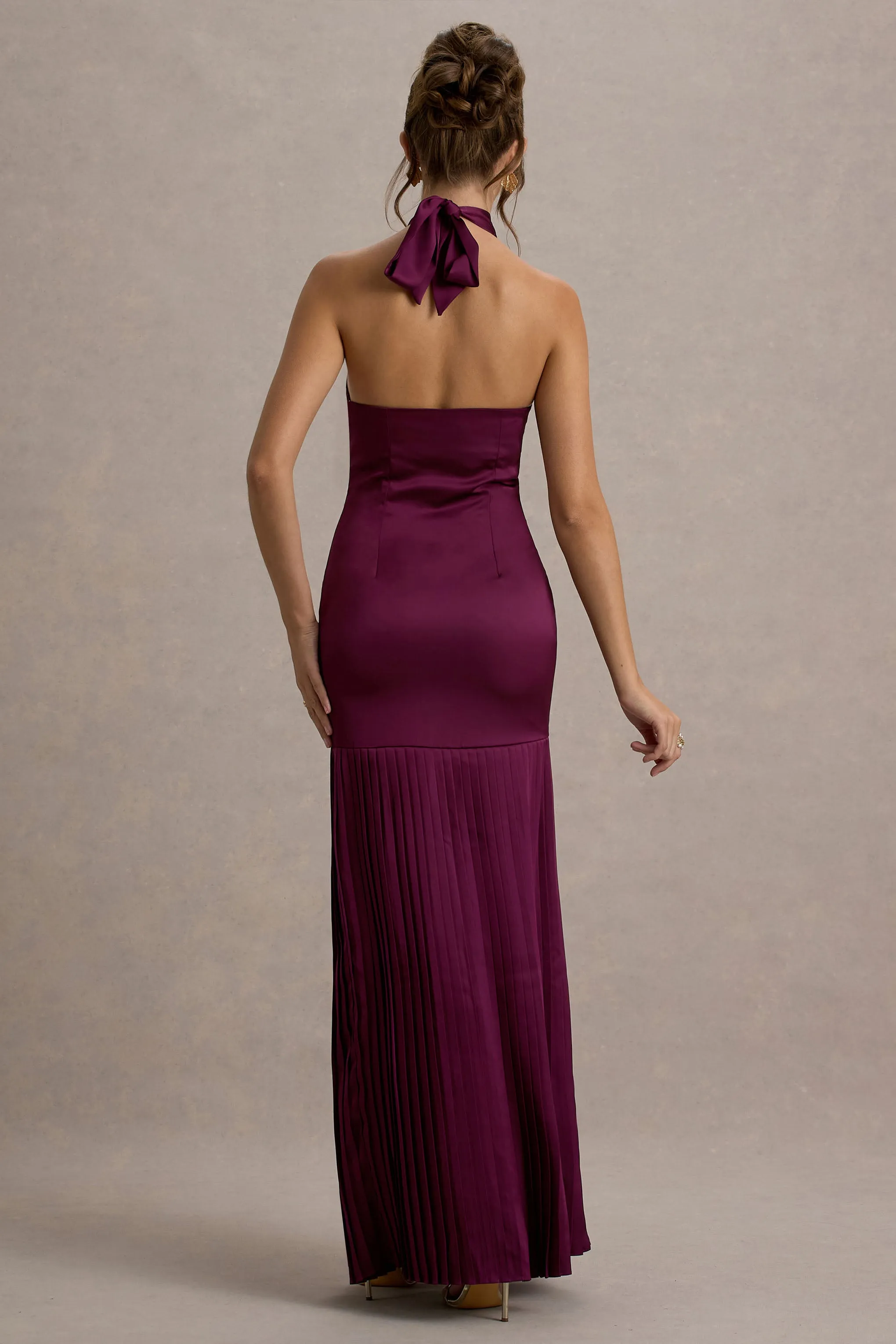 Sansa | Burgundy Satin Cross Halter-Neck Plisse Maxi Dress sold by Club L London product image thumbnail 2