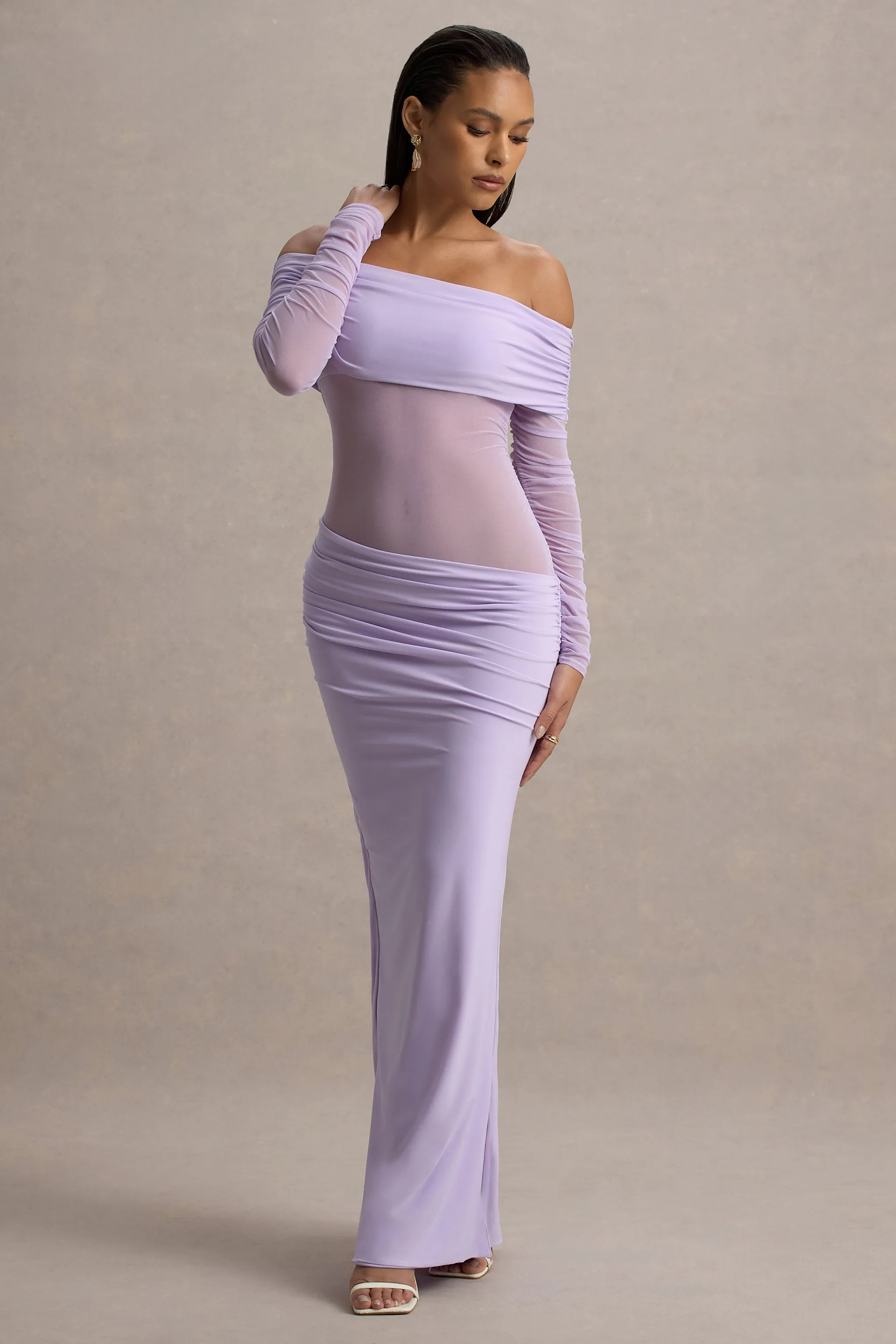 Belamour | Lavender Semi-Sheer Bardot Gathered Maxi Dress sold by Club L London product image thumbnail 4